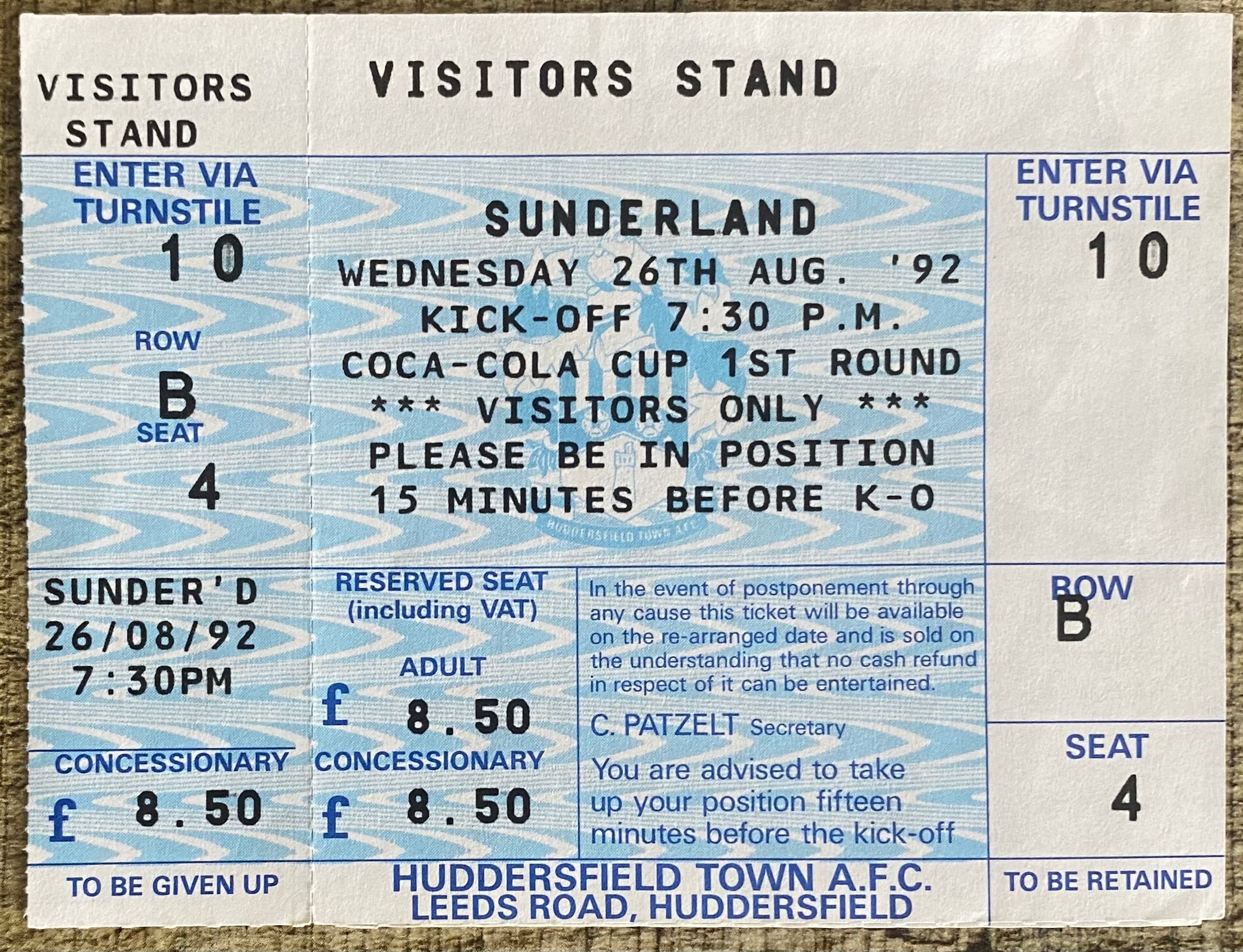 1992/93 ORIGINAL COCA COLA CUP 1ST ROUND 2ND LEG UNUSED TICKET HUDDERSFIELD TOWN V SUNDERLAND