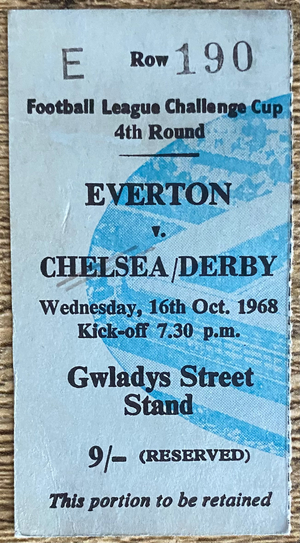 1968/69 ORIGINAL FA CUP 4TH ROUND TICKET EVERTON V DERBY COUNTY