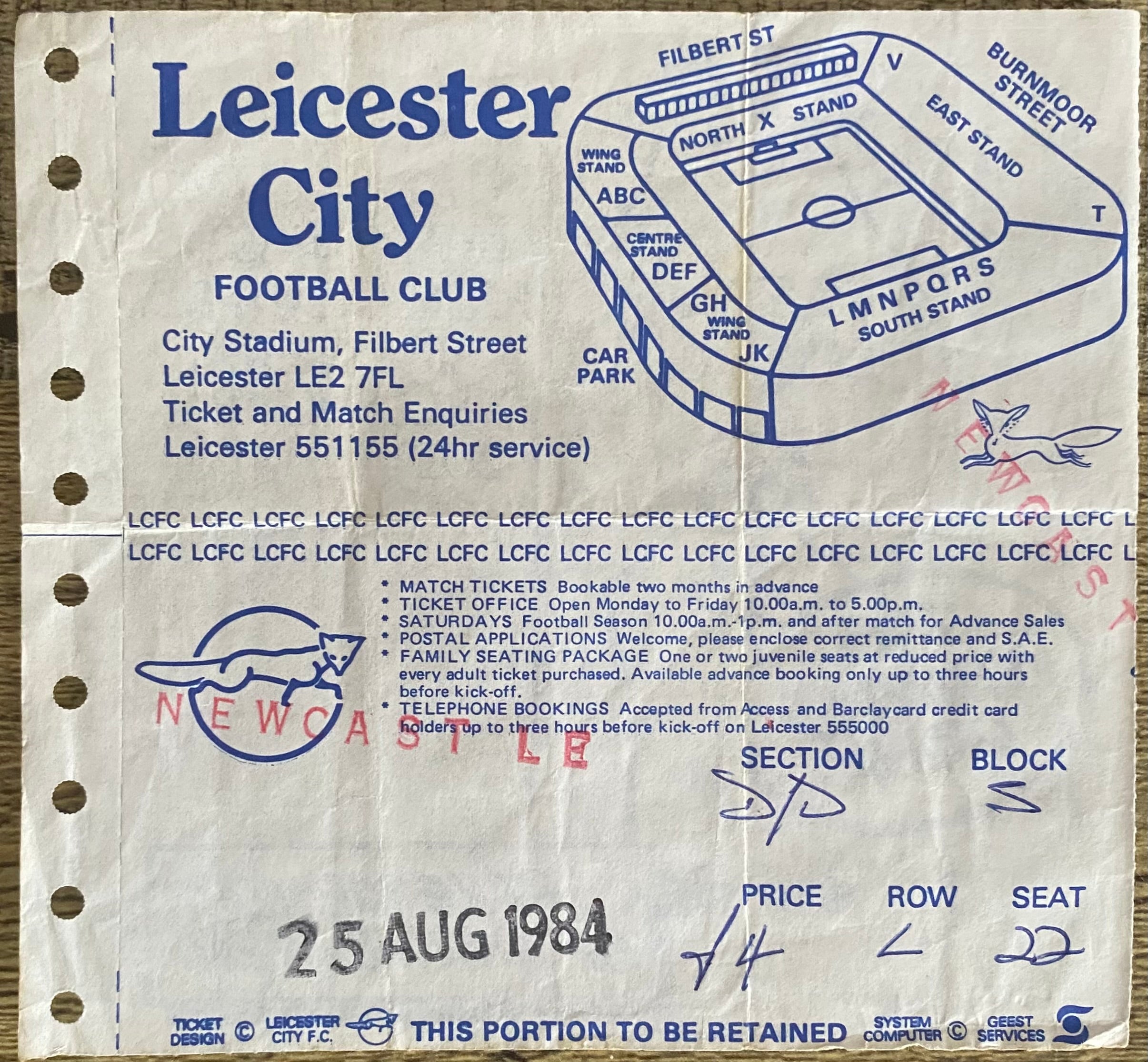 1984/85 ORIGINAL DIVISION 2 TICKET LEICESTER CITY V NEWCASTLE UNITED