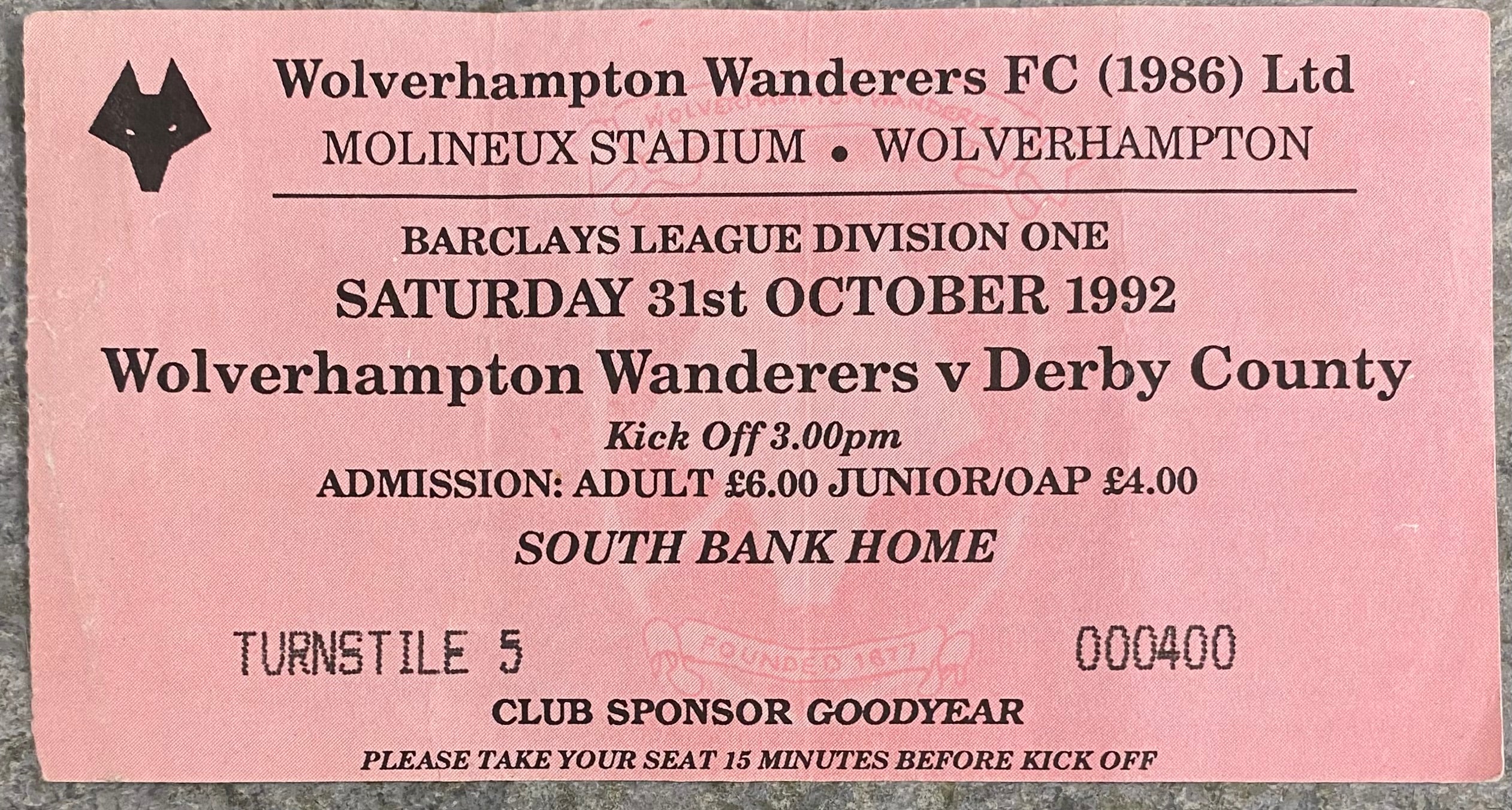 1992/93 ORIGINAL DIVISION 1 TICKET WOLVERHAMPTON WANDERERS V DERBY COUNTY
