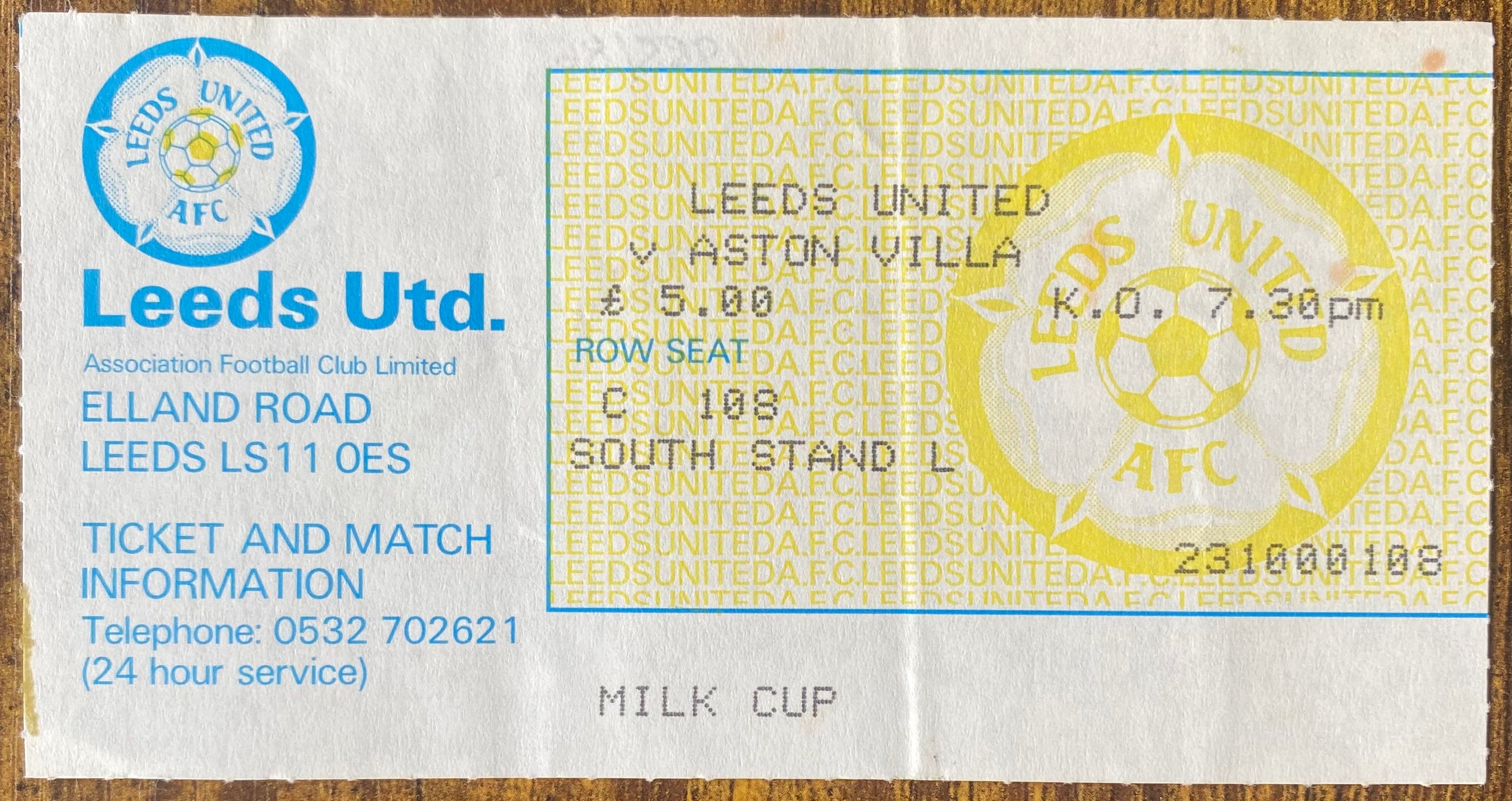 1985/86 ORIGINAL MILK CUP 3RD ROUND TICKET LEEDS UNITED V ASTON VILLA