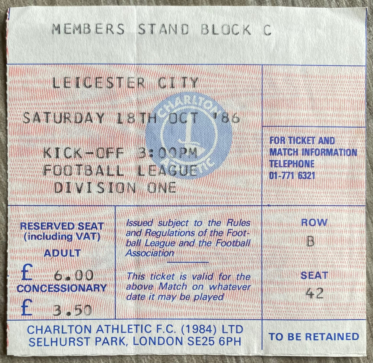 1986/87 ORIGINAL DIVISION 1 TICKET CHARLTON ATHLETIC V LEICESTER CITY