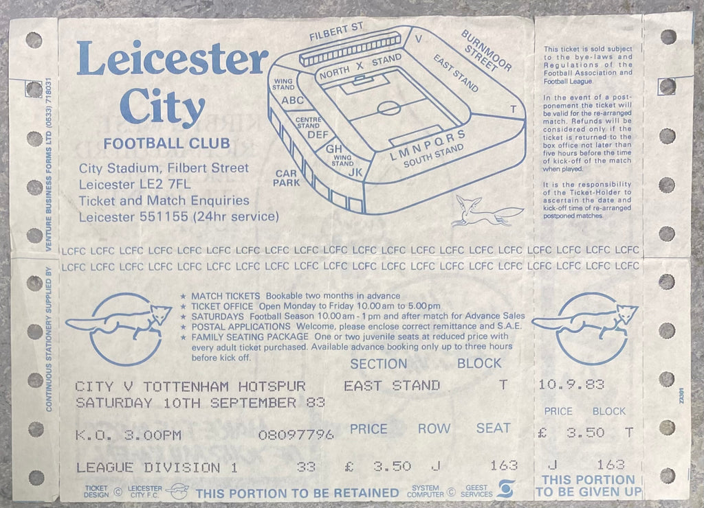 1983/84 ORIGINAL UNUSED DIVISION 1 TICKET LEICESTER CITY V TOTTENHAM HOTSPUR