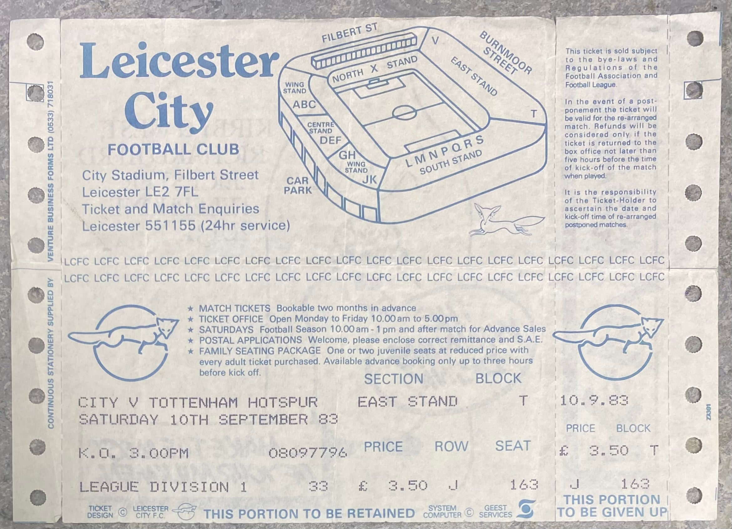 1983/84 ORIGINAL UNUSED DIVISION 1 TICKET LEICESTER CITY V TOTTENHAM HOTSPUR