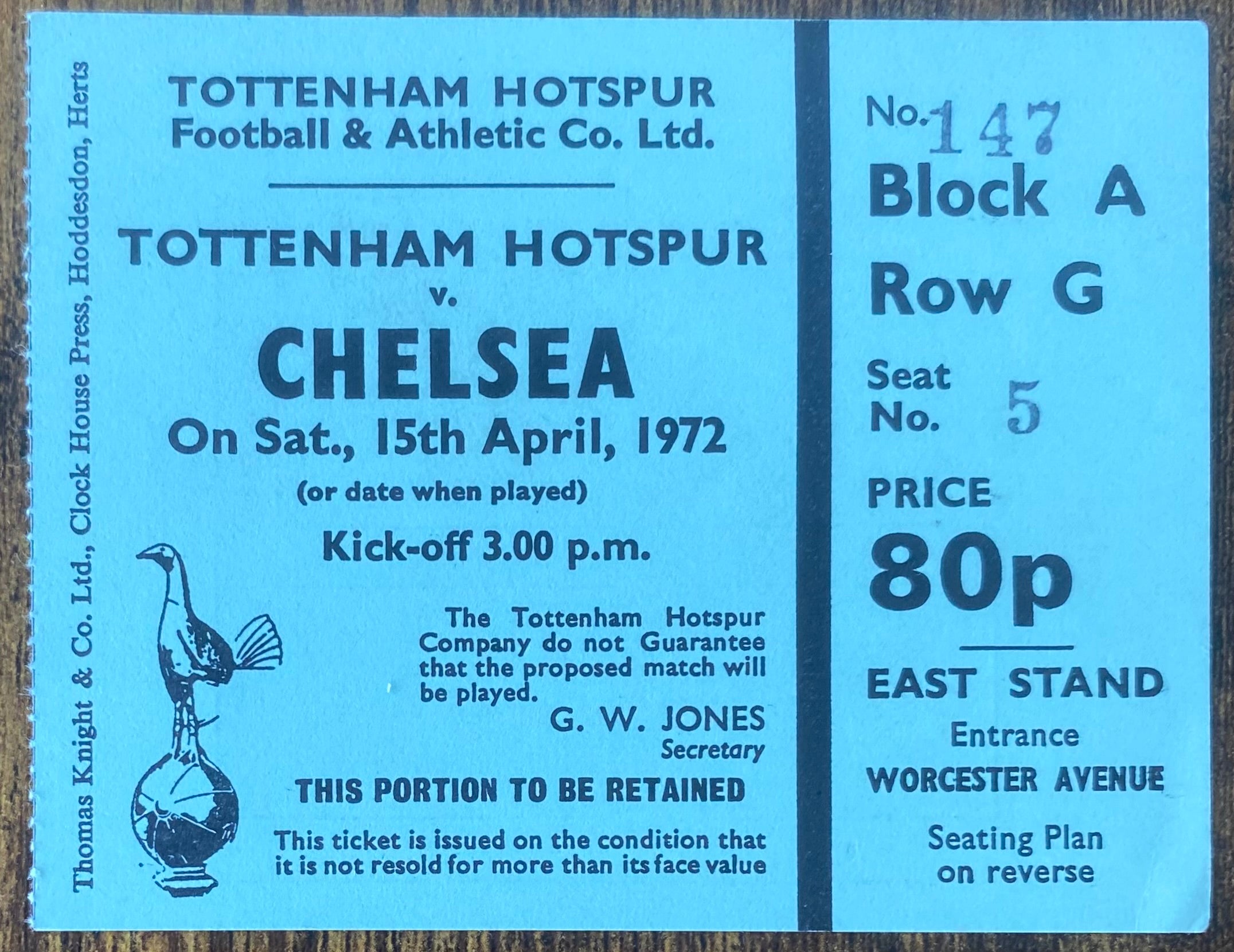 1971/72 ORIGINAL DIVISION ONE TICKET TOTTENHAM HOTSPUR V CHELSEA