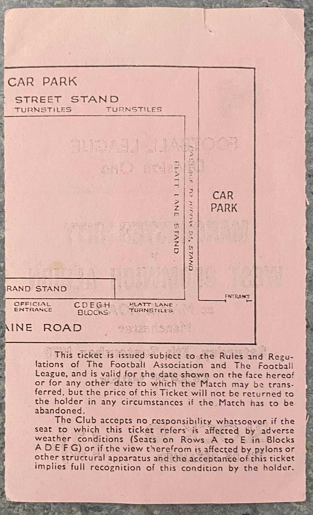 1970/71 ORIGINAL DIVISION 1 TICKET MANCHESTER CITY V WEST BROMWICH ALBION