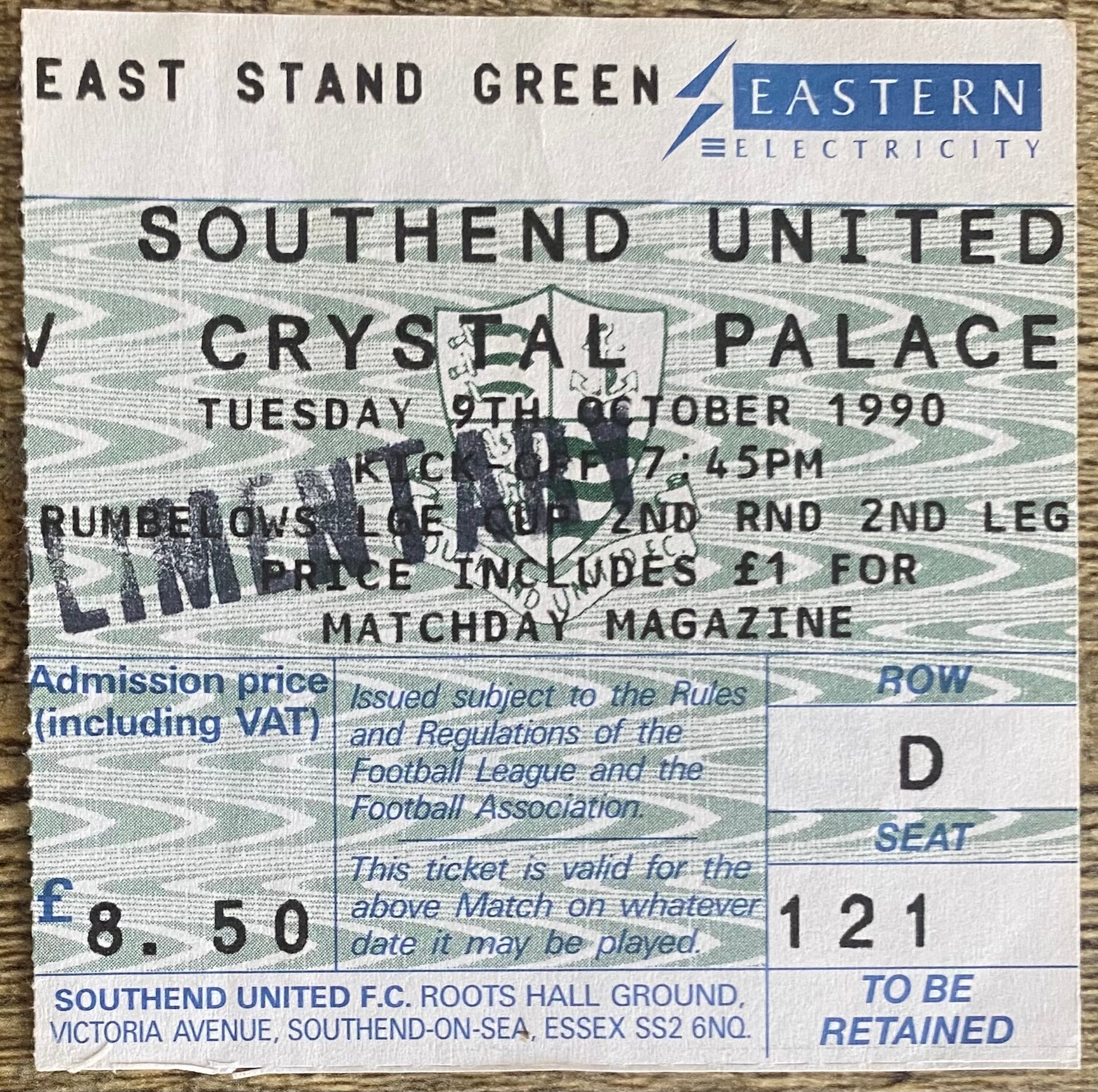 1990/91 ORIGINAL RUMBELOWS CUP 2ND ROUND 2ND LEG TICKET SOUTHEND UNITED V CRYSTAL PALACE