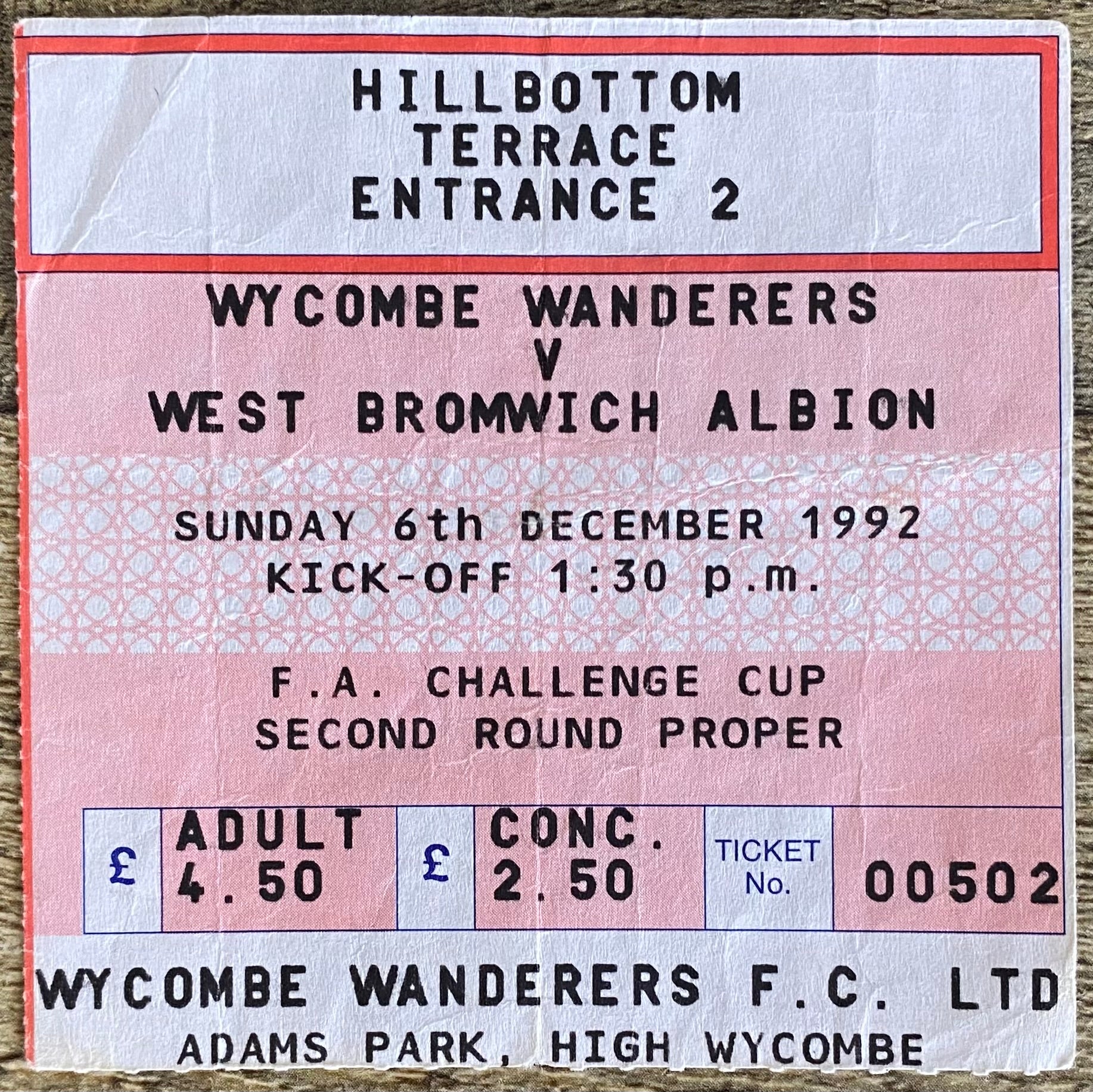 1992/93 ORIGINAL FA CUP 2ND ROUND TICKET WYCOMBE WANDERERS V WEST BROMWICH ALBION