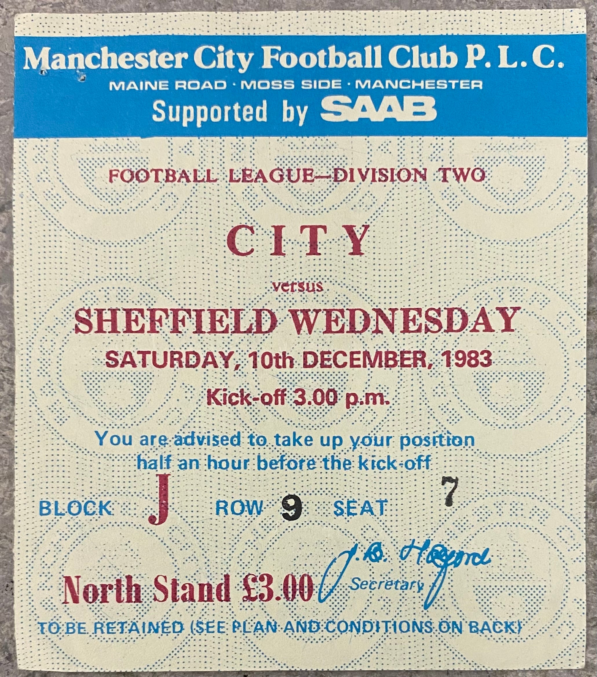 1983/84 ORIGINAL DIVISION 2 TICKET MANCHESTER CITY V SHEFFIELD WEDNESDAY