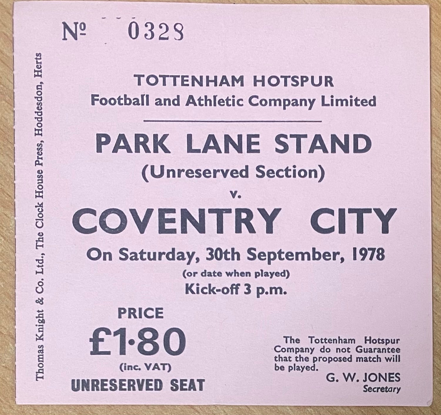 1977/78 ORIGINAL LEAGUE CUP 3RD ROUND TICKET TOTTENHAM HOTSPUR V COVENTRY CITY