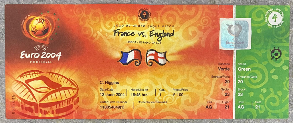 2004 ORIGINAL EUROPEAN CHAMPIONSHIPS UNUSED TICKET ENGLAND V FRANCE @ LISBON