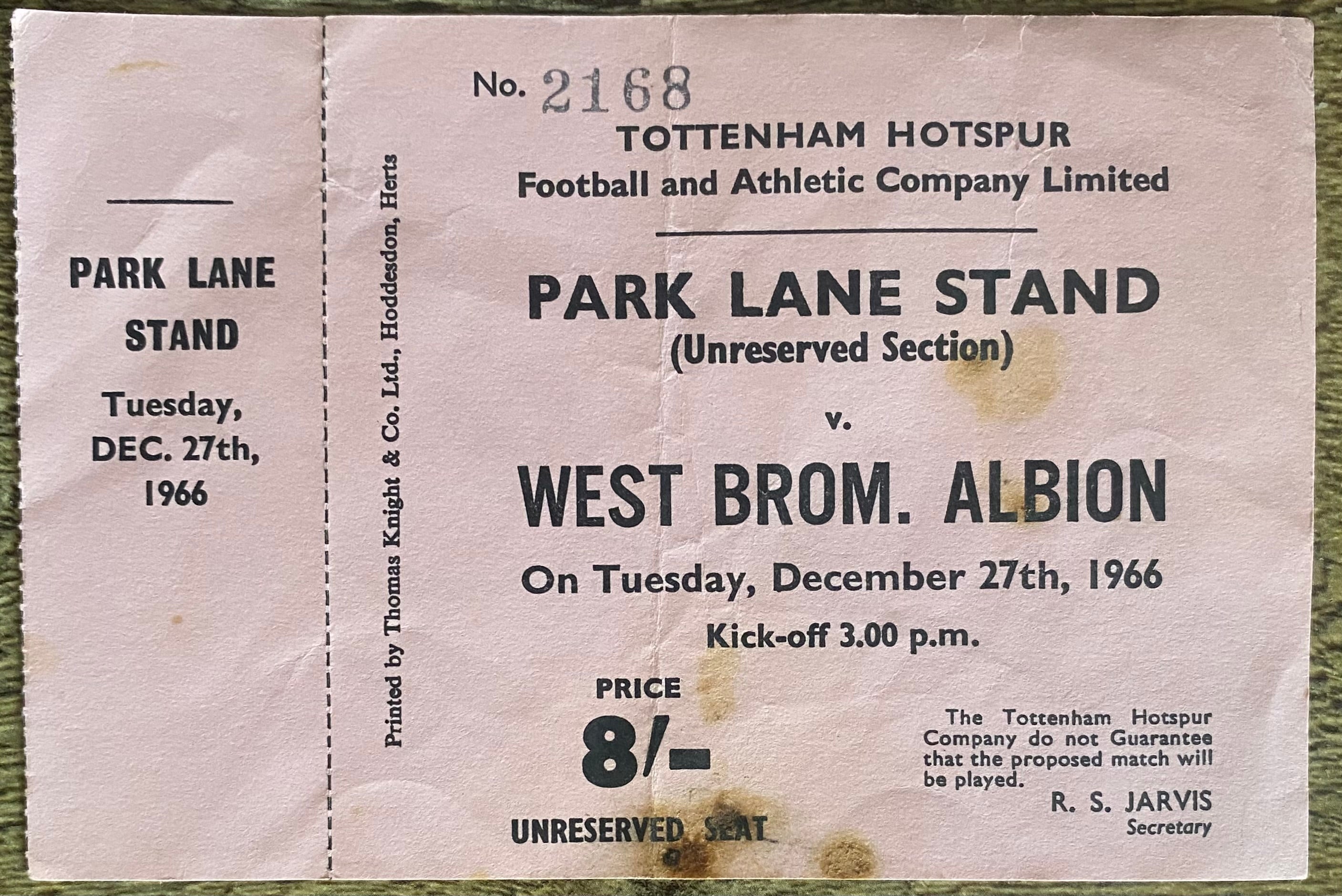 1966/67 ORIGINAL DIVISION ONE UNUSED TICKET TOTTENHAM HOTSPUR V WEST BROMWICH ALBION