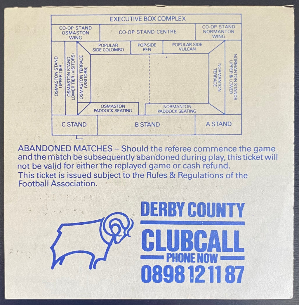 1989/90 ORIGINAL DIVISION 1 TICKET DERBY COUNTY V CRYSTAL PALACE