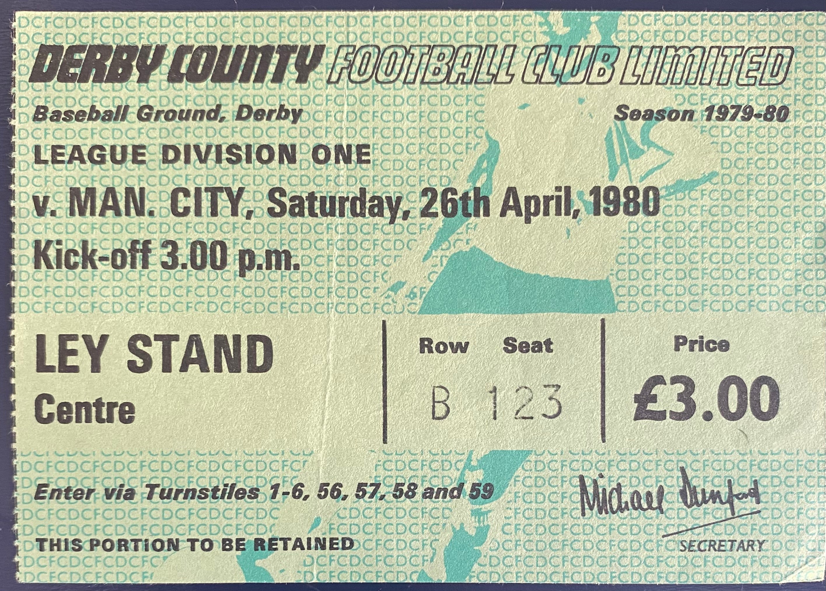 1979/80 ORIGINAL DIVISION 1 TICKET DERBY COUNTY V MANCHESTER CITY