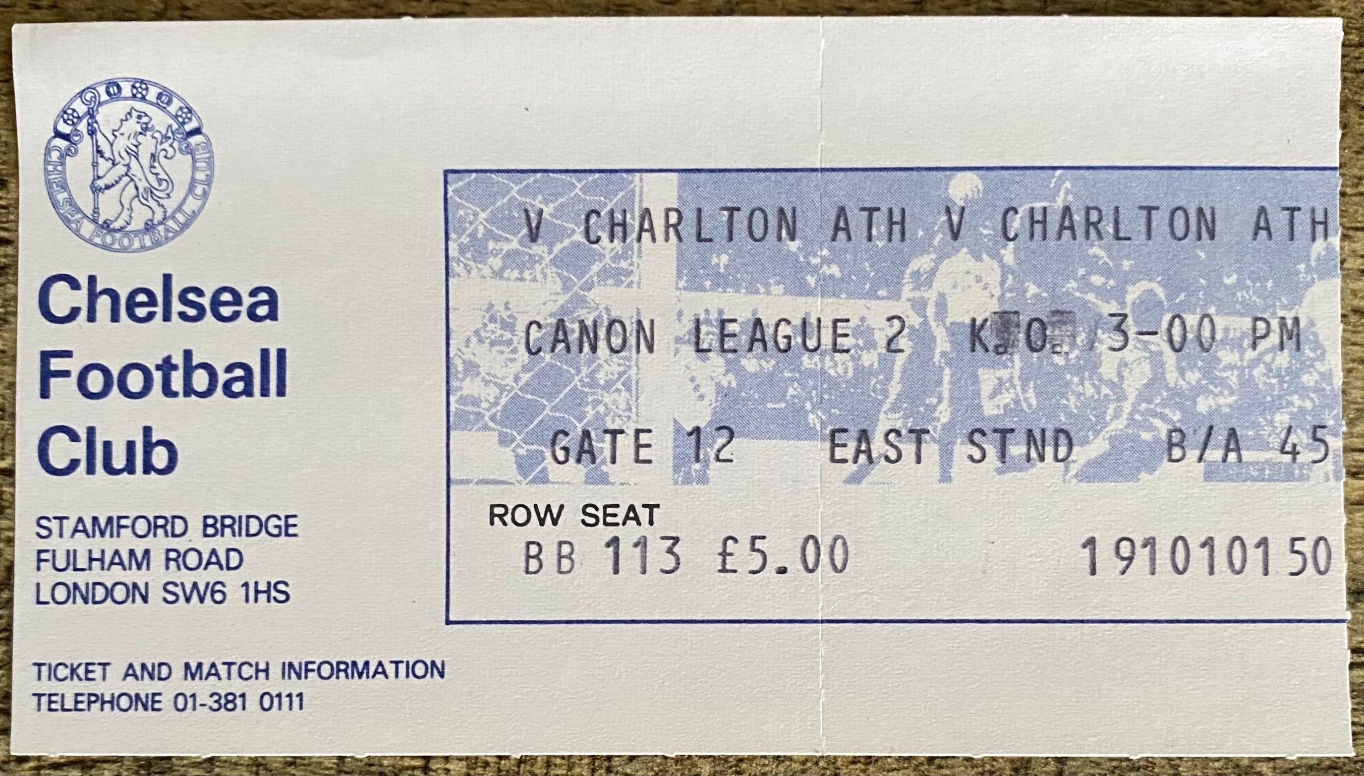 1983/84 ORIGINAL DIVISION 2 TICKET CHELSEA V CHARLTON ATHLETIC
