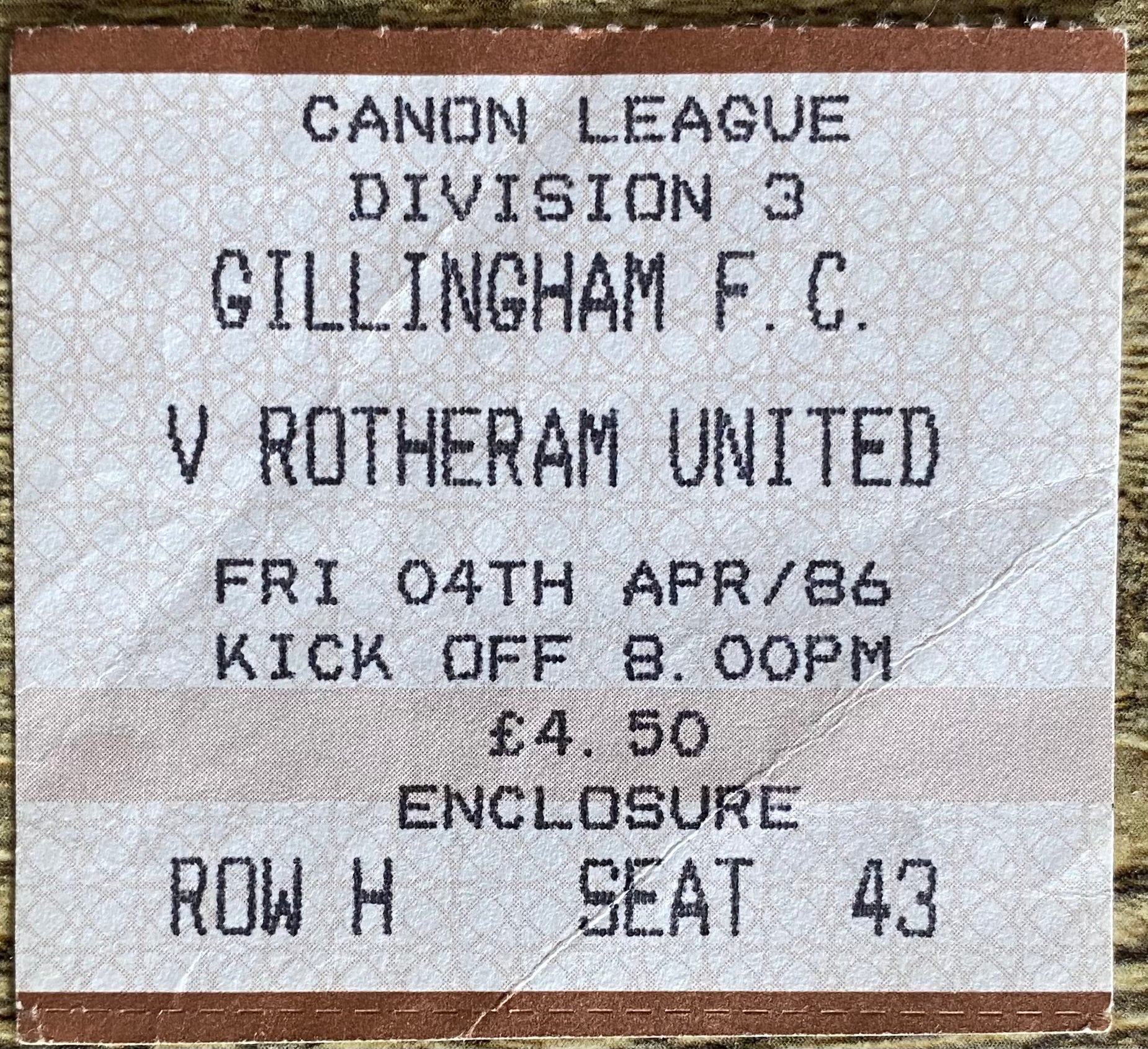 1985/86 ORIGINAL DIVISION 3 TICKET GILLINGHAM V ROTHERHAM UNITED