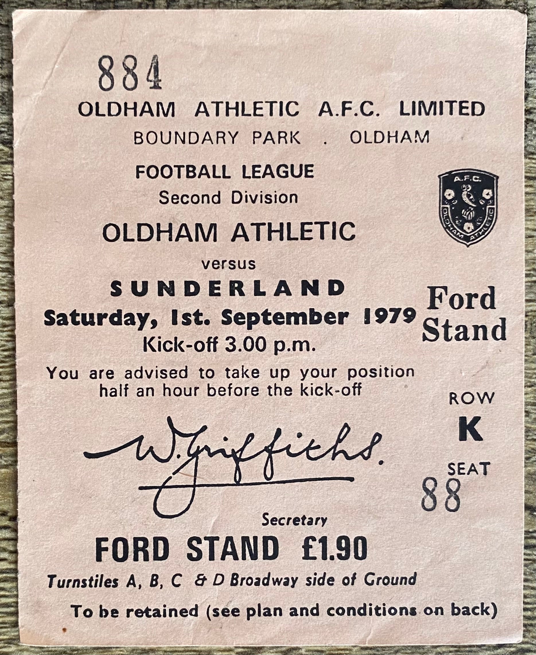 1979/80 ORIGINAL DIVISION 2 TICKET OLDHAM ATHLETIC V SUNDERLAND