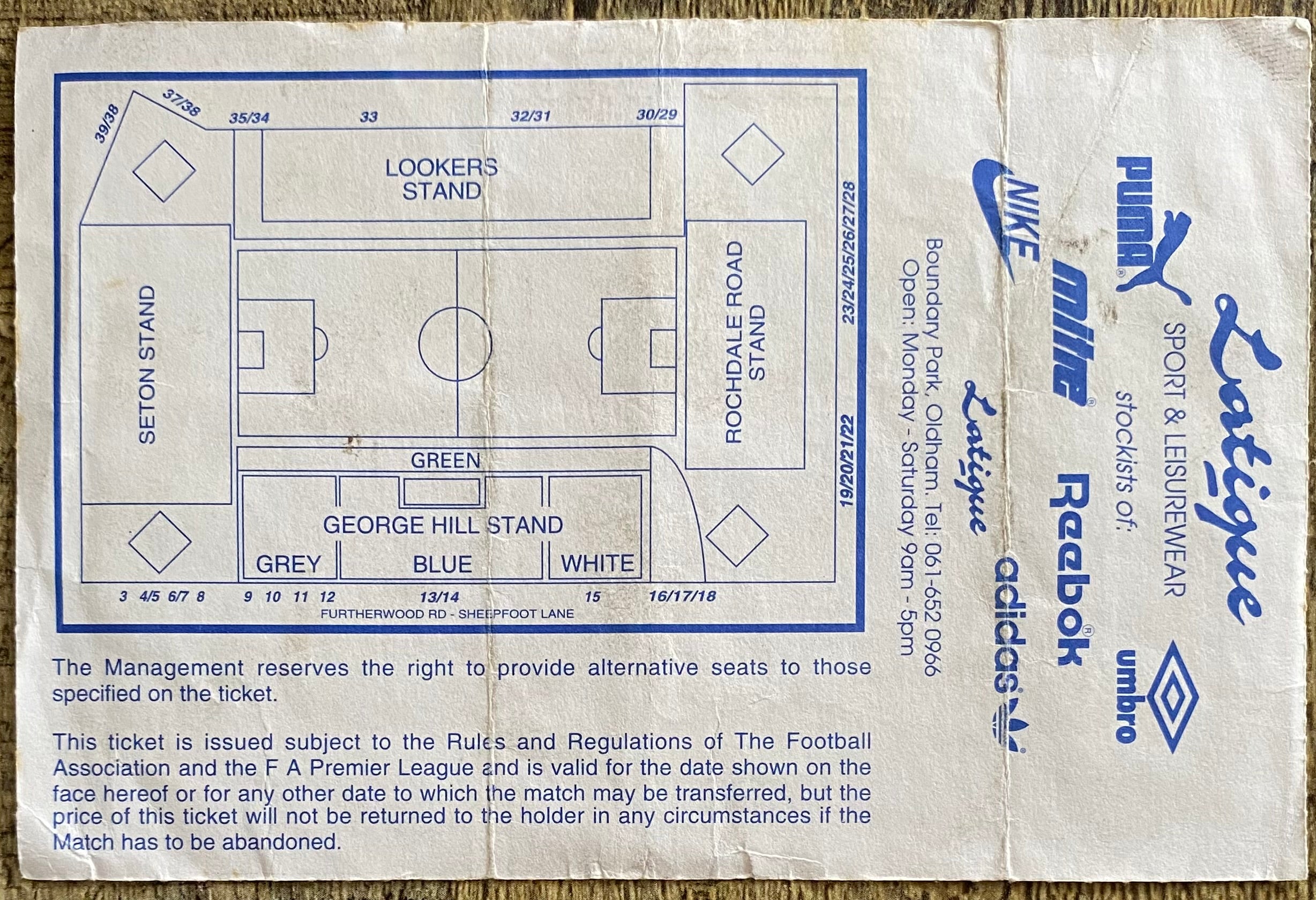 1998/99 ORIGINAL NATIONWIDE DIVISION 2 TICKET OLDHAM ATHLETIC V MANCHESTER CITY