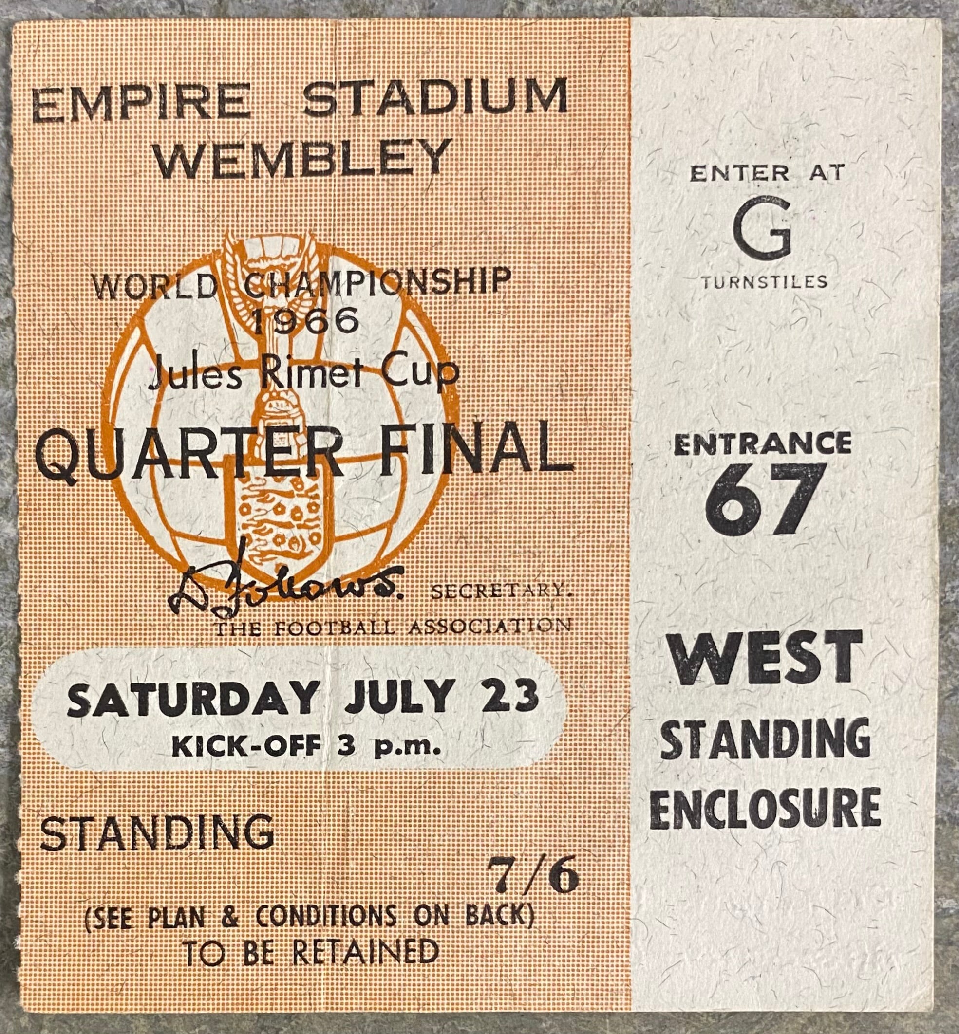1966 ORIGINAL WORLD CUP QUARTER FINAL TICKET ENGLAND V ARGENTINA @ WEMBLEY