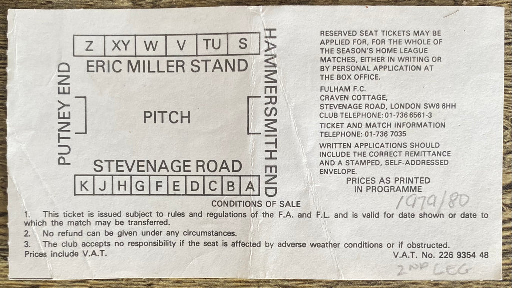 1979/80 ORIGINAL LEAGUE CUP 2ND ROUND 2ND LEG TICKET FULHAM V WEST BROMWICH ALBION