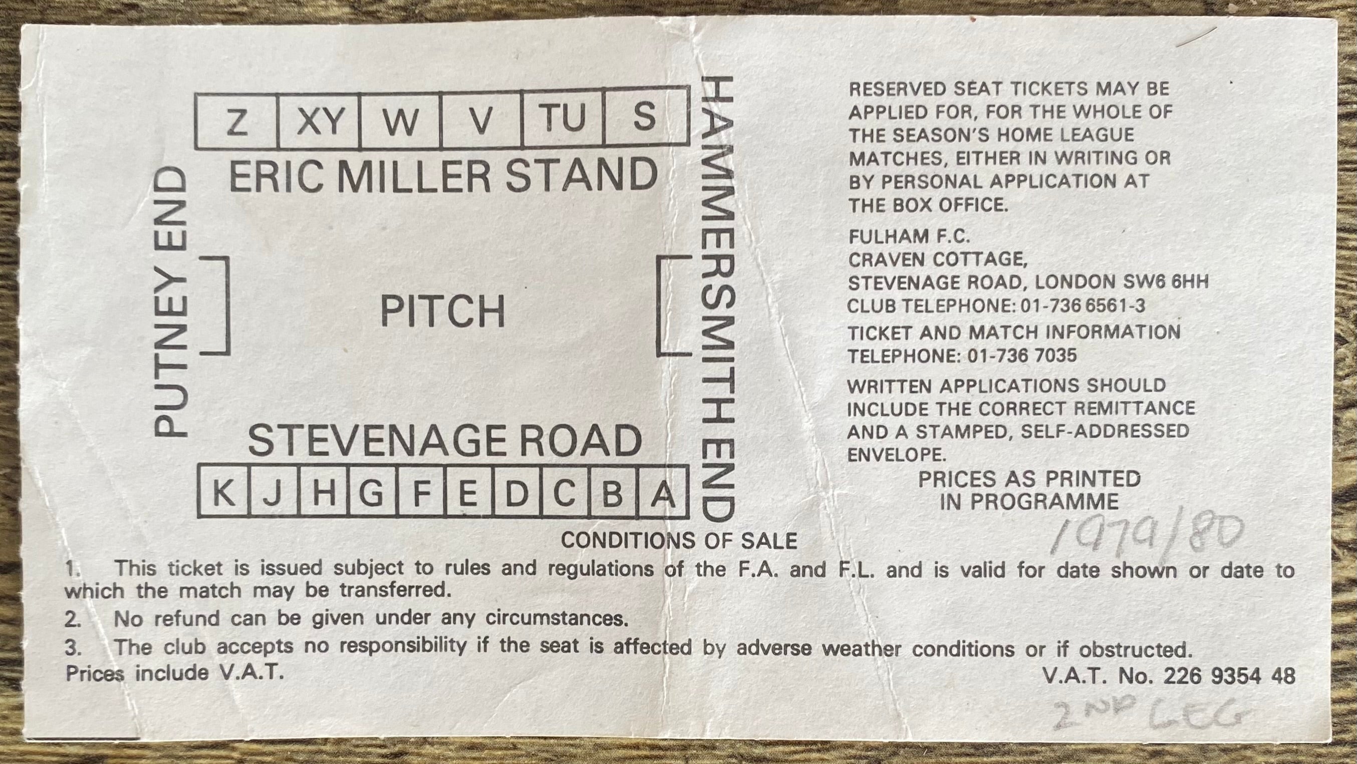 1979/80 ORIGINAL LEAGUE CUP 2ND ROUND 2ND LEG TICKET FULHAM V WEST BROMWICH ALBION