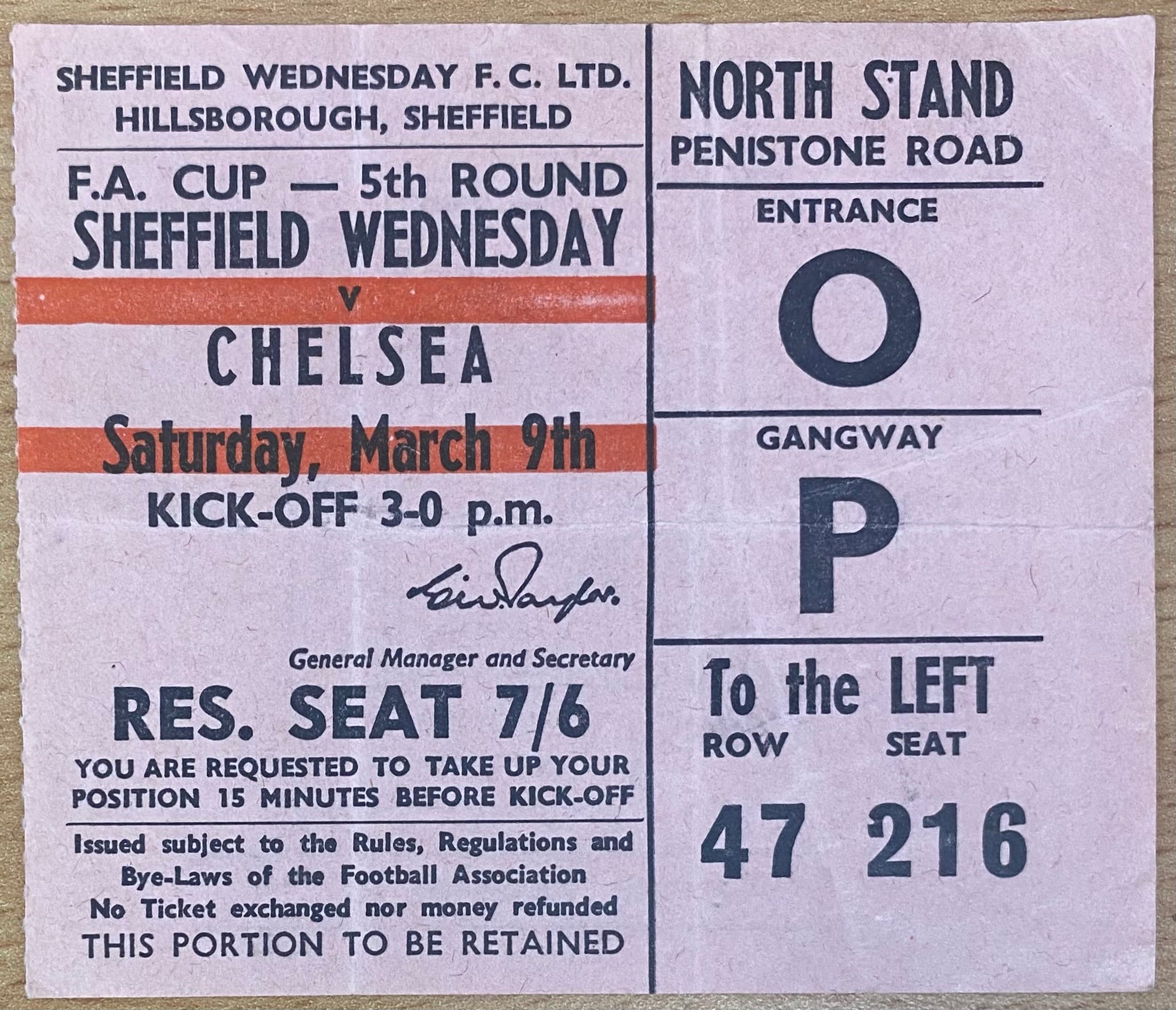 1967/68 ORIGINAL FA CUP 5TH ROUND TICKET SHEFFIELD WEDNESDAY V CHELSEA