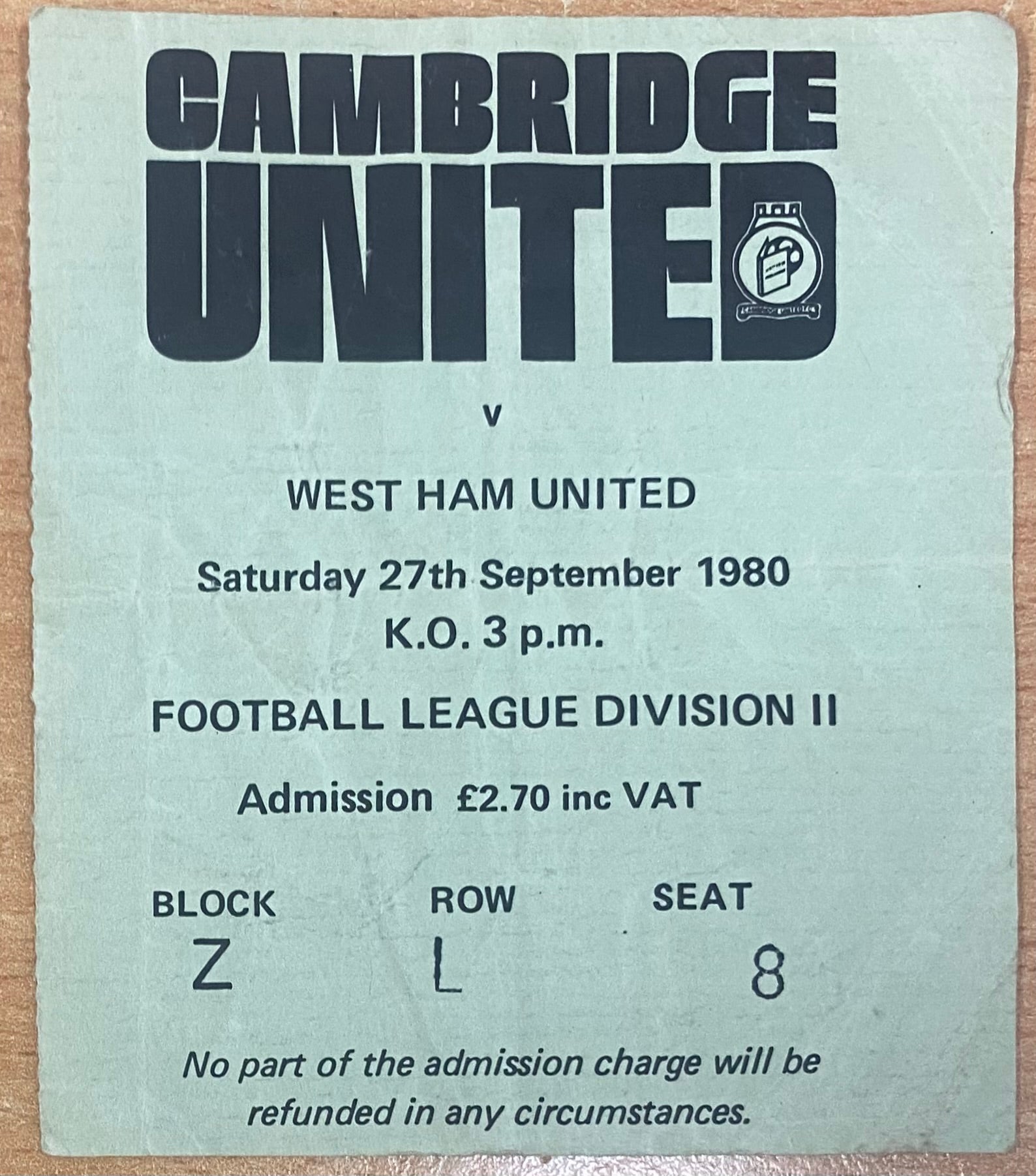1980/81 ORIGINAL DIVISION 2 TICKET CAMBRIDGE UNITED V WEST HAM UNITED