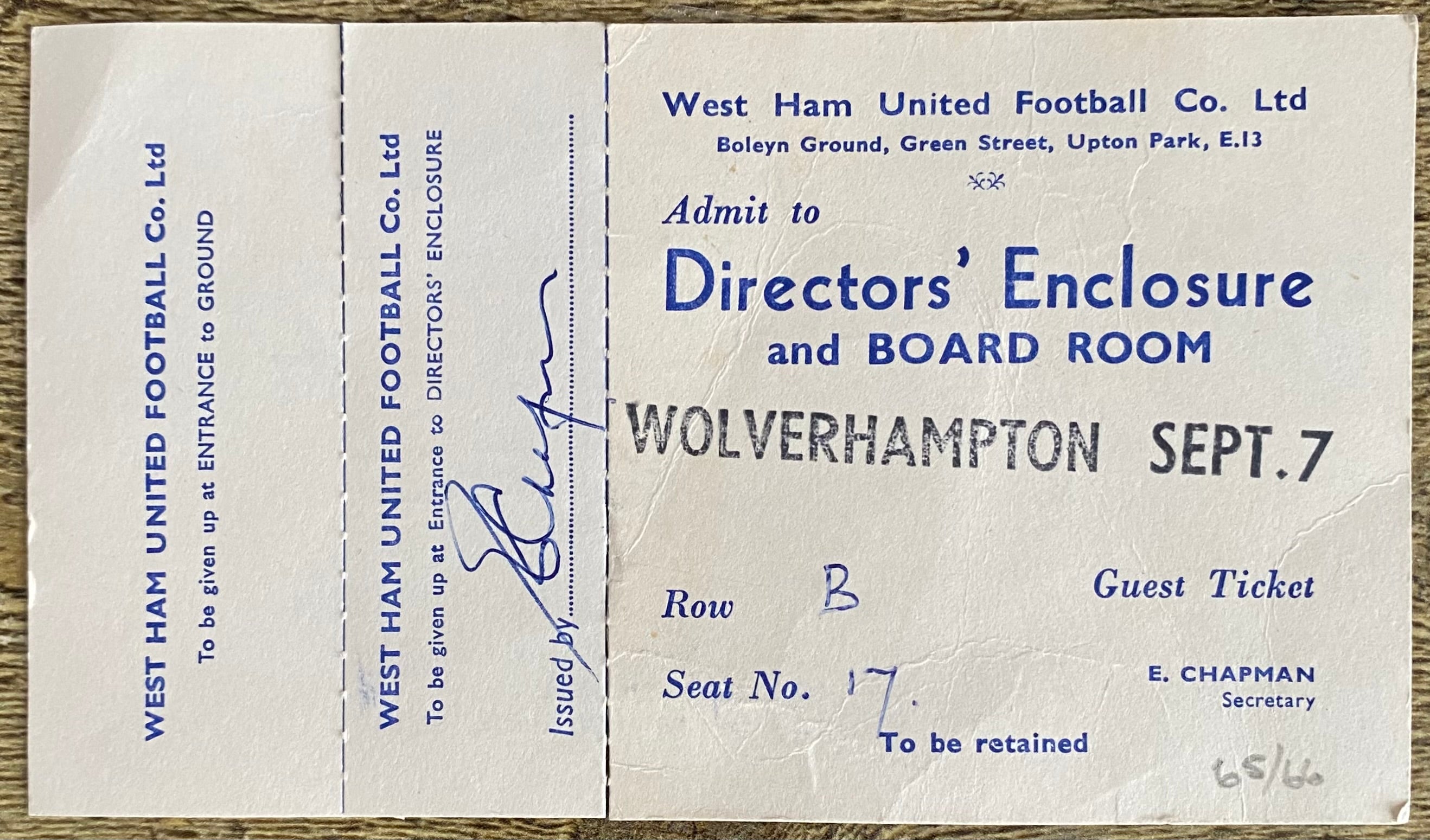 1965/66 ORIGINAL DIVISION ONE DIRECTORS TICKET WEST HAM UNITED V WOLVERHAMPTON WANDERERS