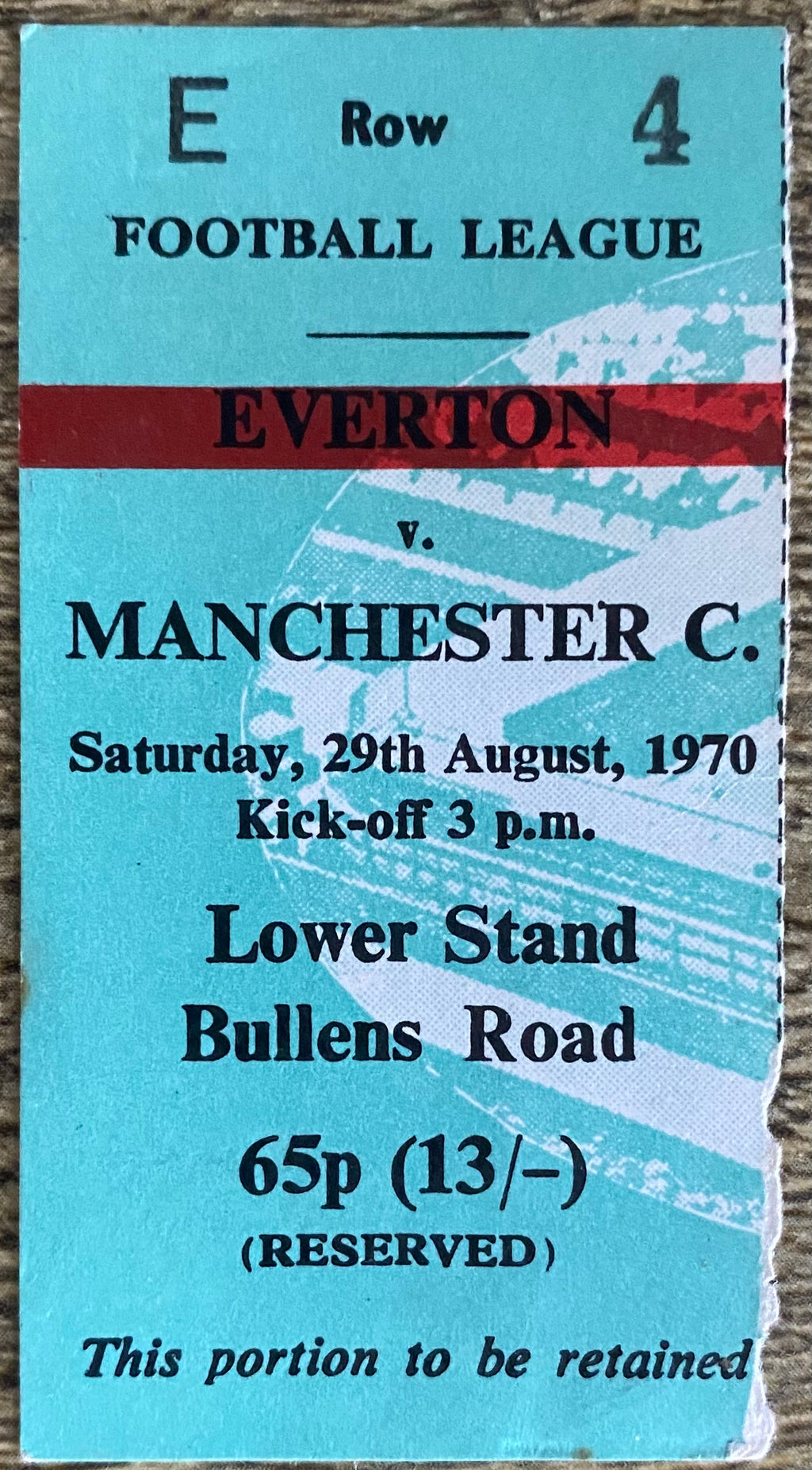 1970/71 ORIGINAL DIVISION ONE TICKET EVERTON V MANCHESTER CITY