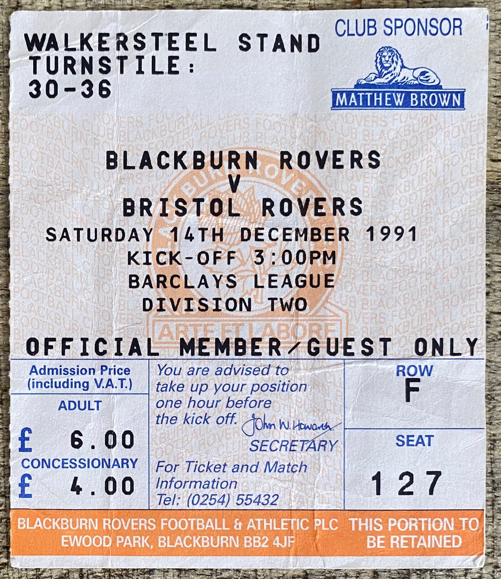 1991/92 ORIGINAL DIVISION 2 TICKET BLACKBURN ROVERS V BRISTOL ROVERS