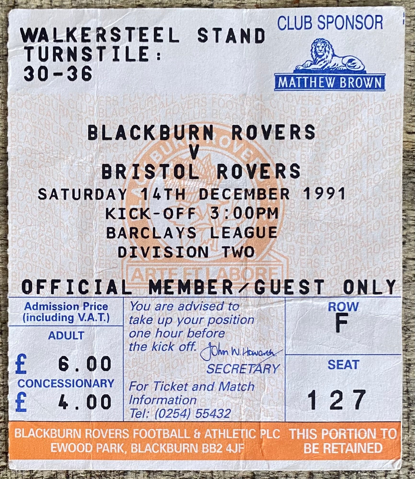 1991/92 ORIGINAL DIVISION 2 TICKET BLACKBURN ROVERS V BRISTOL ROVERS
