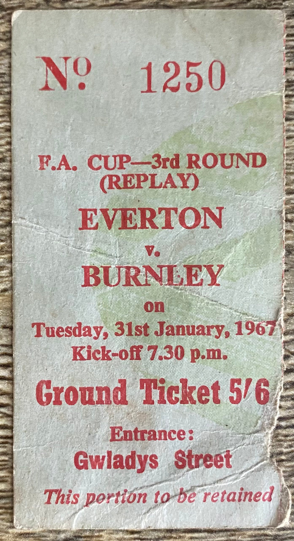 1966/67 ORIGINAL FA CUP 3RD ROUND REPLAY TICKET EVERTON V BURNLEY