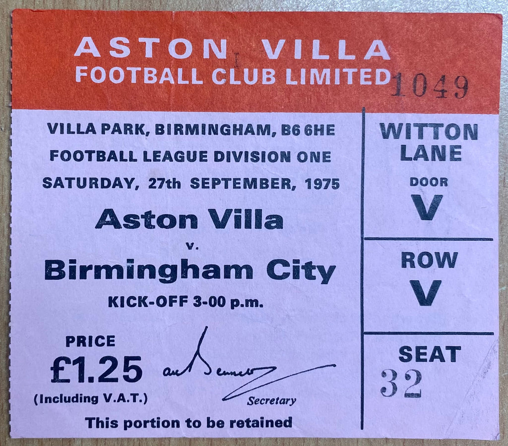 1975/76 ORIGINAL DIVISION 1 TICKET ASTON VILLA V BIRMINGHAM CITY
