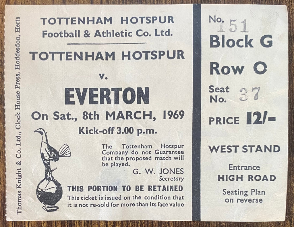 1968/69 ORIGINAL DIVISION ONE TICKET TOTTENHAM HOTSPUR V EVERTON