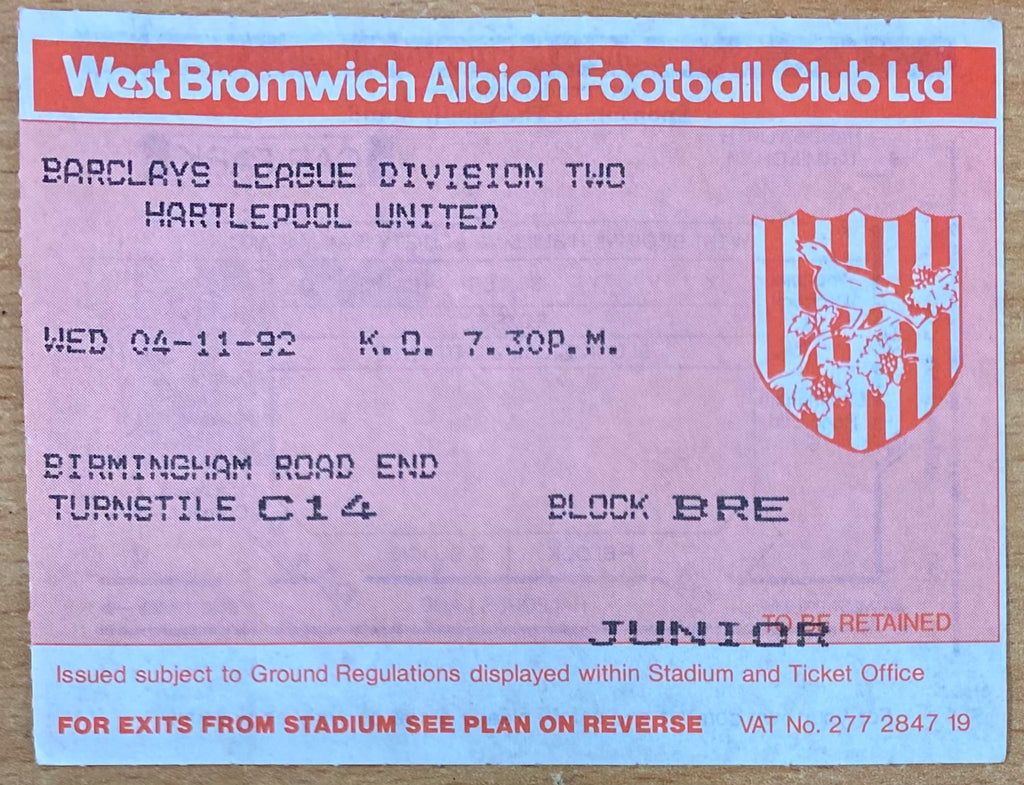 1992/93 ORIGINAL DIVISION 2 TICKET WEST BROMWICH ALBION V HARTLEPOOL UNITED