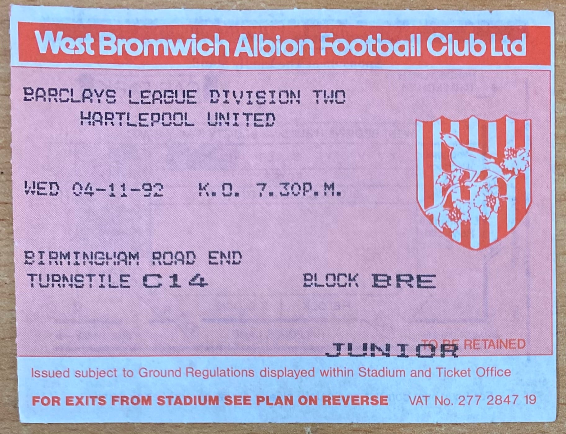1992/93 ORIGINAL DIVISION 2 TICKET WEST BROMWICH ALBION V HARTLEPOOL UNITED