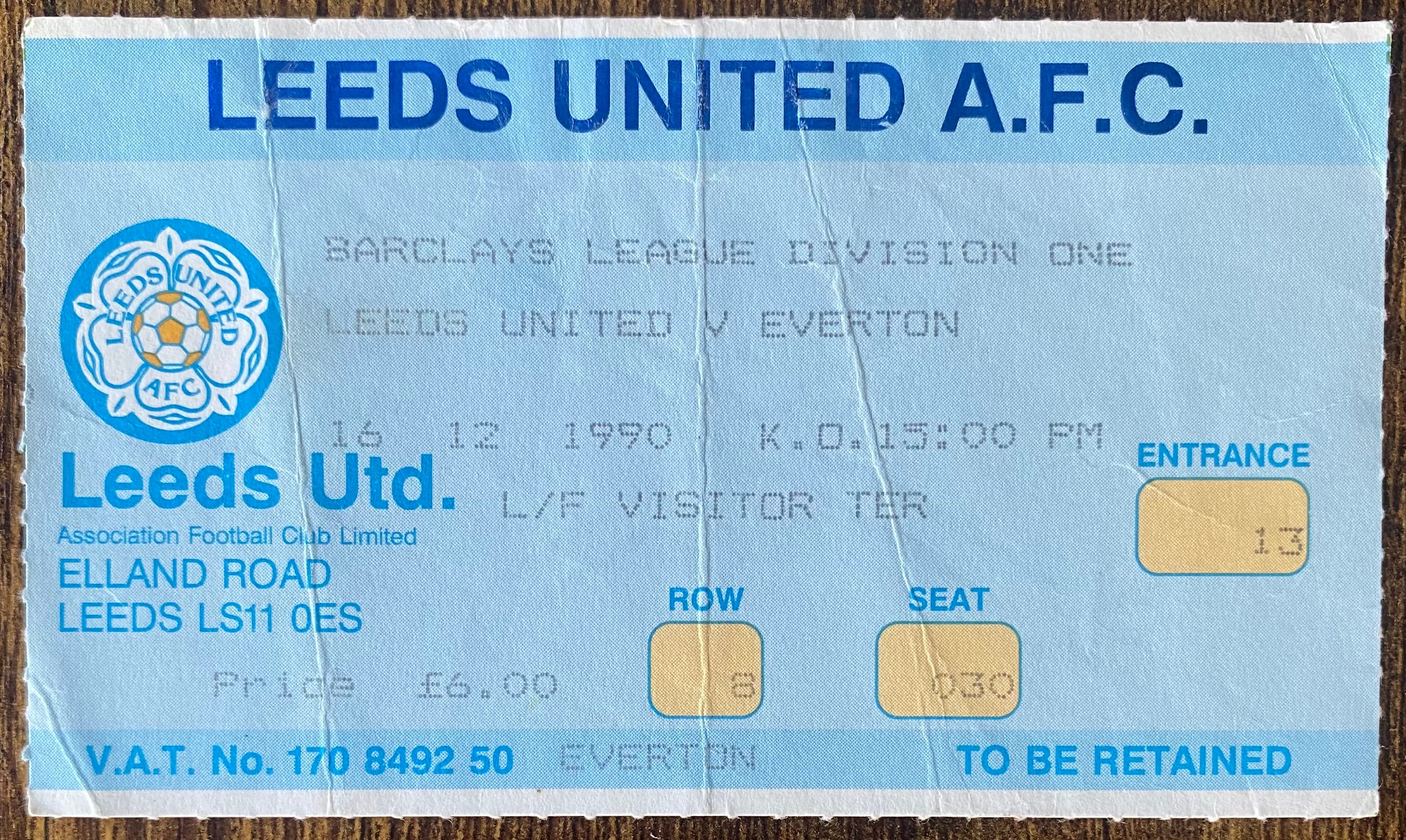 1990/91 ORIGINAL DIVISION ONE TICKET LEEDS UNITED V EVERTON