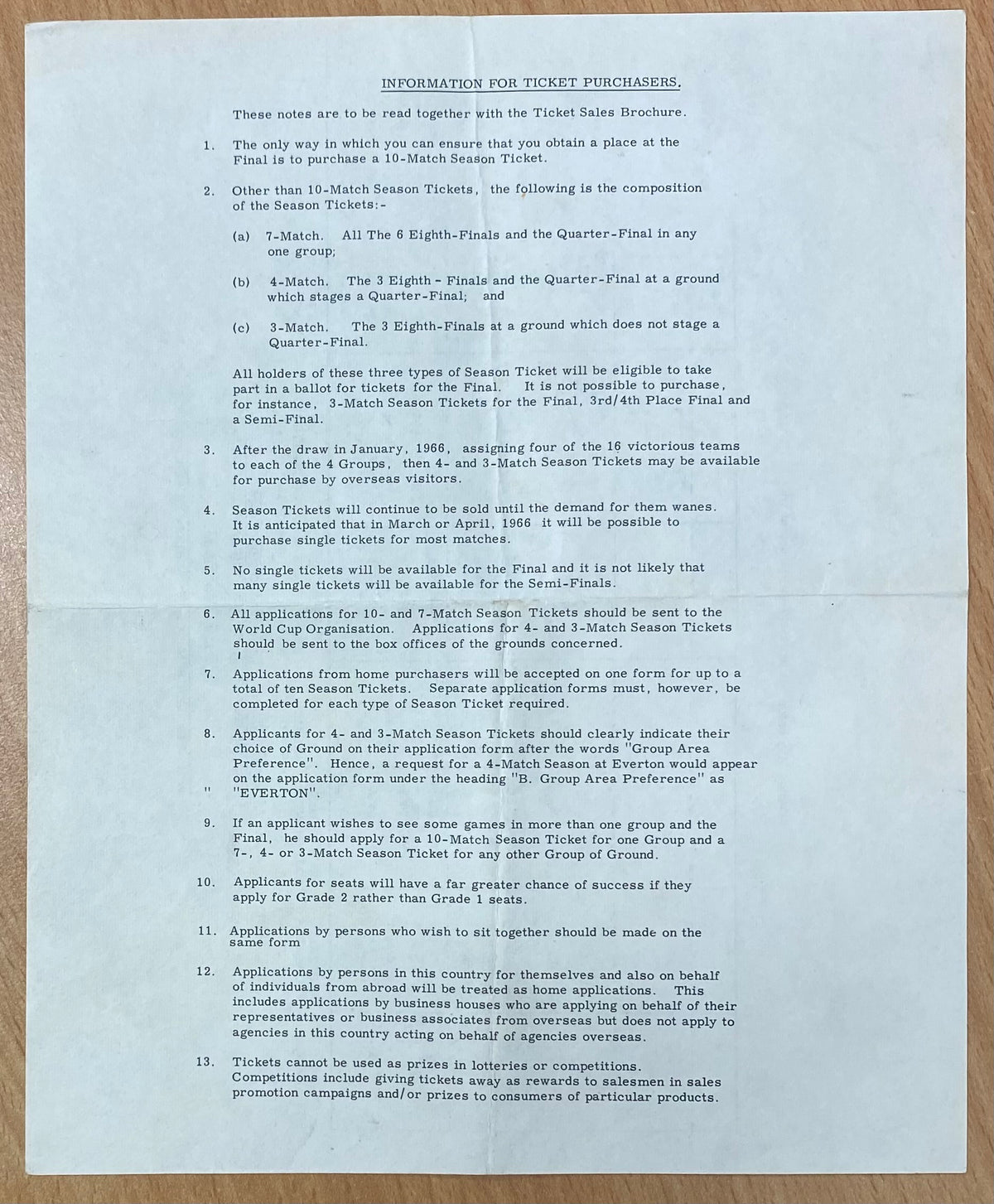 1966 WORLD CUP ORIGINAL OFFICIAL TICKET INFORMATION AND MATCH INFORMATION SHEET