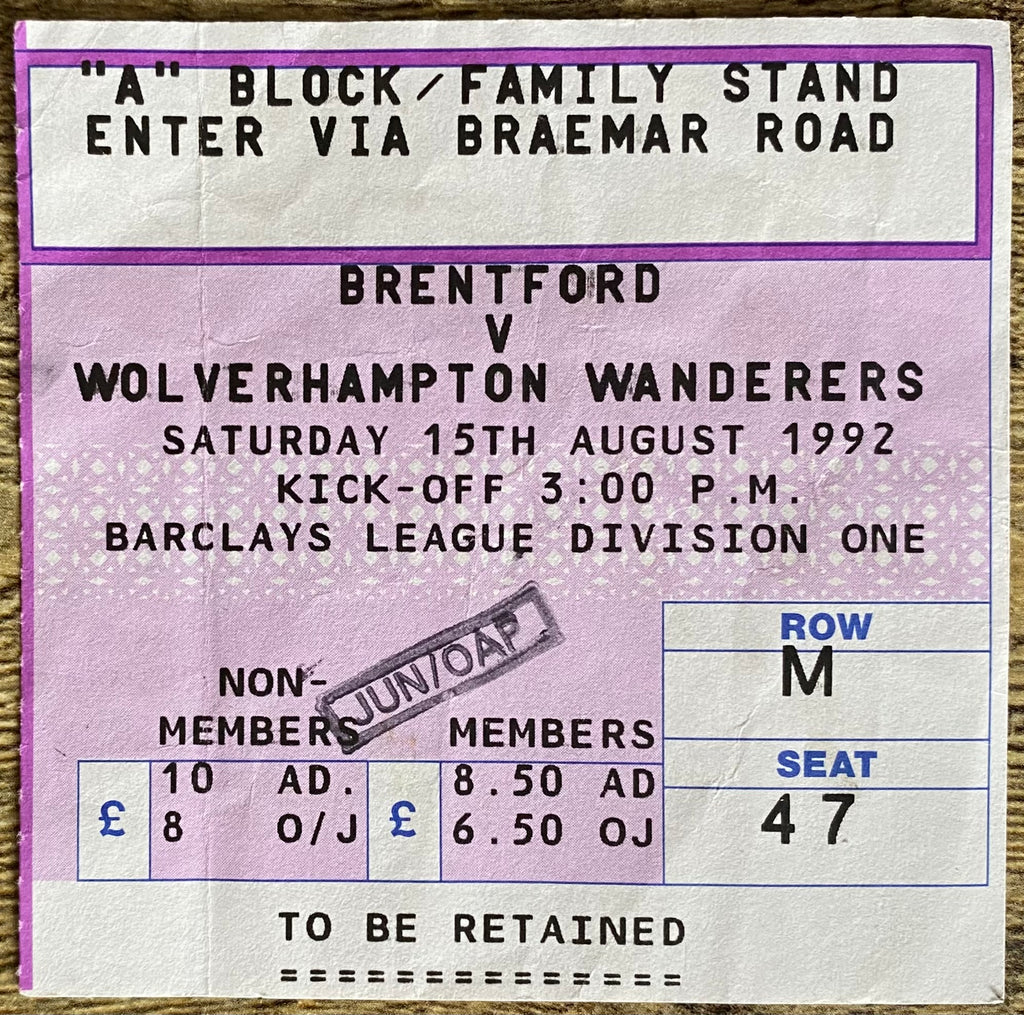 1992/93 ORIGINAL DIVISION 1 TICKET BRENTFORD V WOLVERERHAMPTON WANDERERS