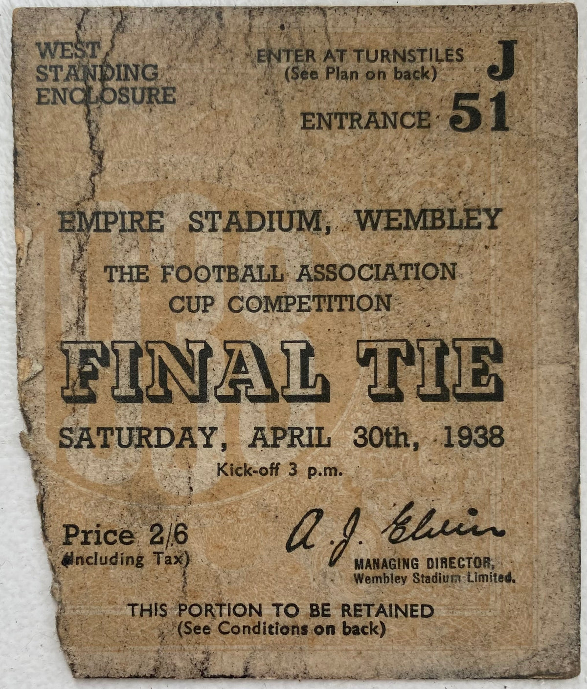 1938 ORIGINAL FA CUP FINAL TICKET PRESTON NORTH END V HUDDERSFIELD TOWN