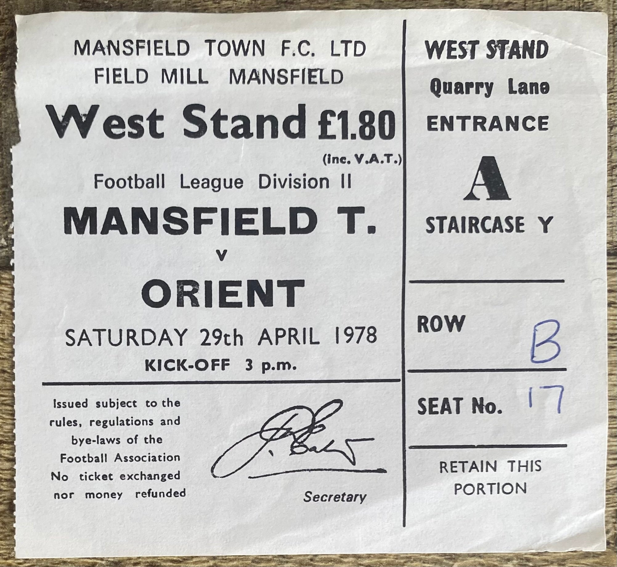 1977/78 ORIGINAL DIVISION 2 TICKET MANSFIELD TOWN V ORIENT
