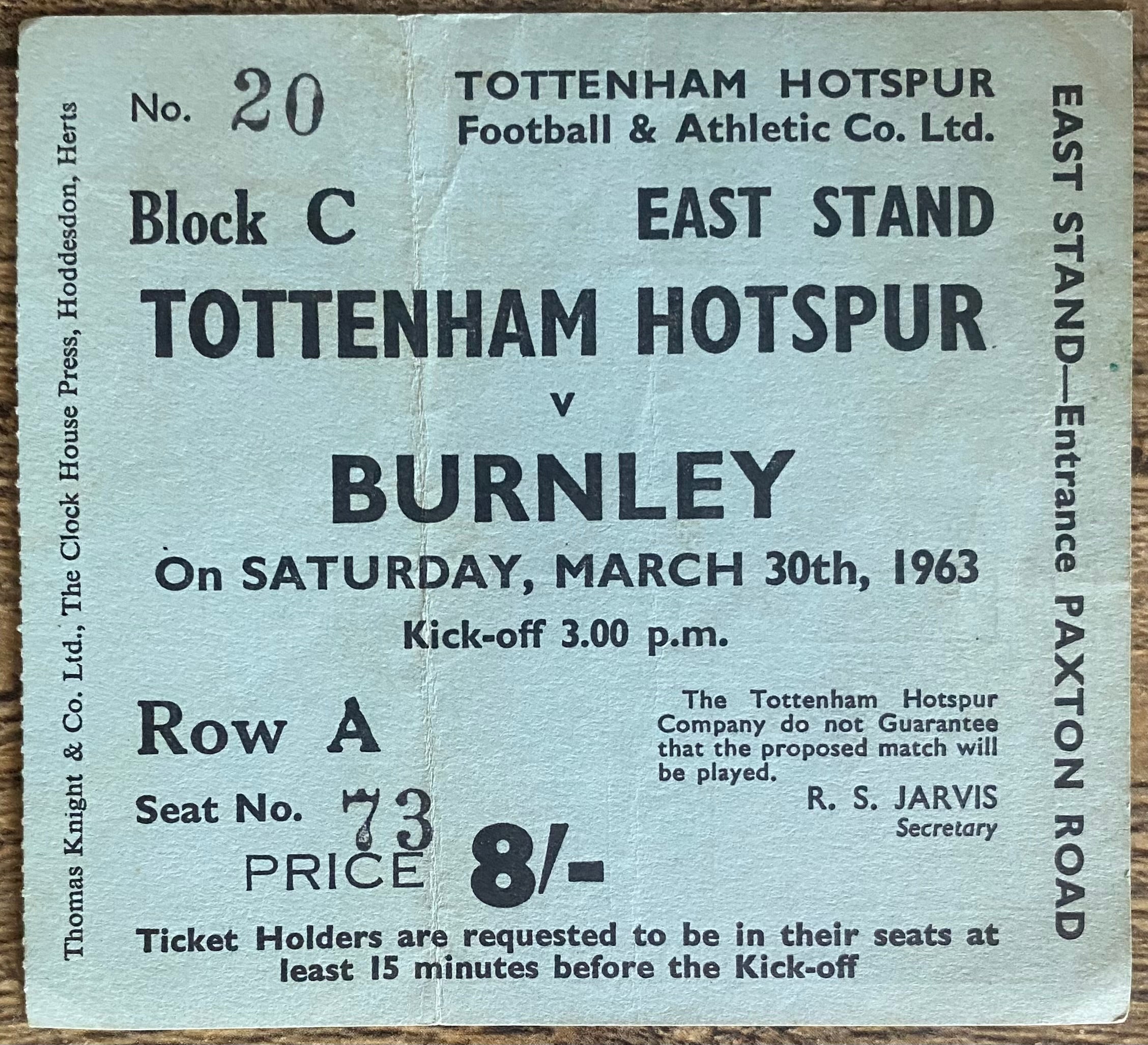 1962/63 ORIGINAL DIVISION ONE TICKET TOTTENHAM HOTSPUR V BURNLEY