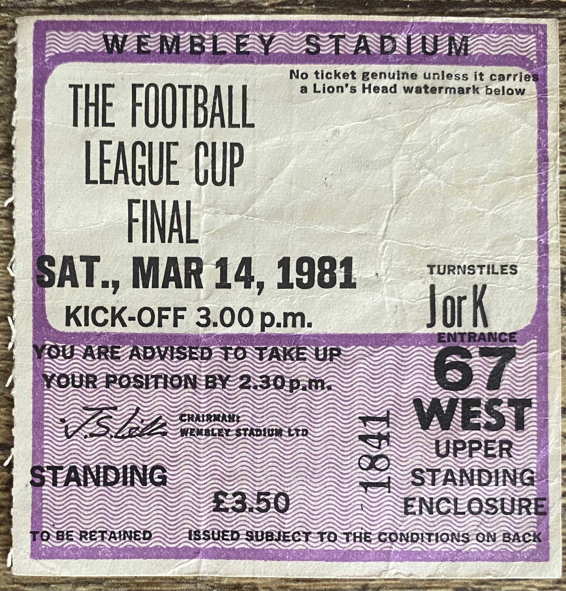 1981 ORIGINAL LEAGUE CUP FINAL TICKET LIVERPOOL V WEST HAM UNITED