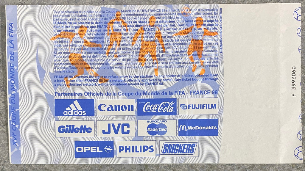 1998 ORIGINAL WORLD CUP 1ST ROUND TICKET SOUTH AFRICA V SAUDI ARABIA @ BORDEAUX
