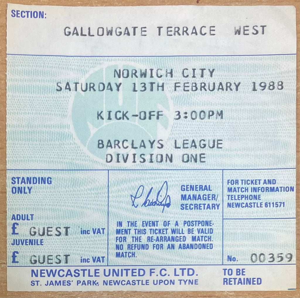 1987/88 ORIGINAL DIVISION 1 TICKET NEWCASTLE UNITED V NORWICH CITY