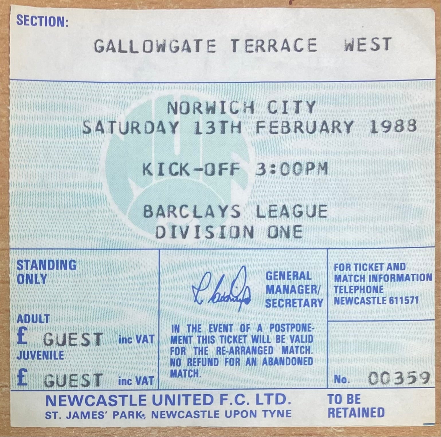1987/88 ORIGINAL DIVISION 1 TICKET NEWCASTLE UNITED V NORWICH CITY