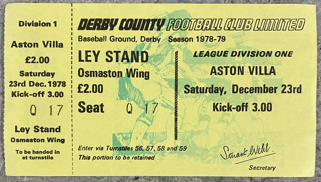 1978/79 ORIGINAL DIVISION 1 UNUSED TICKET DERBY COUNTY V ASTON VILLA + TRAVEL TICKET