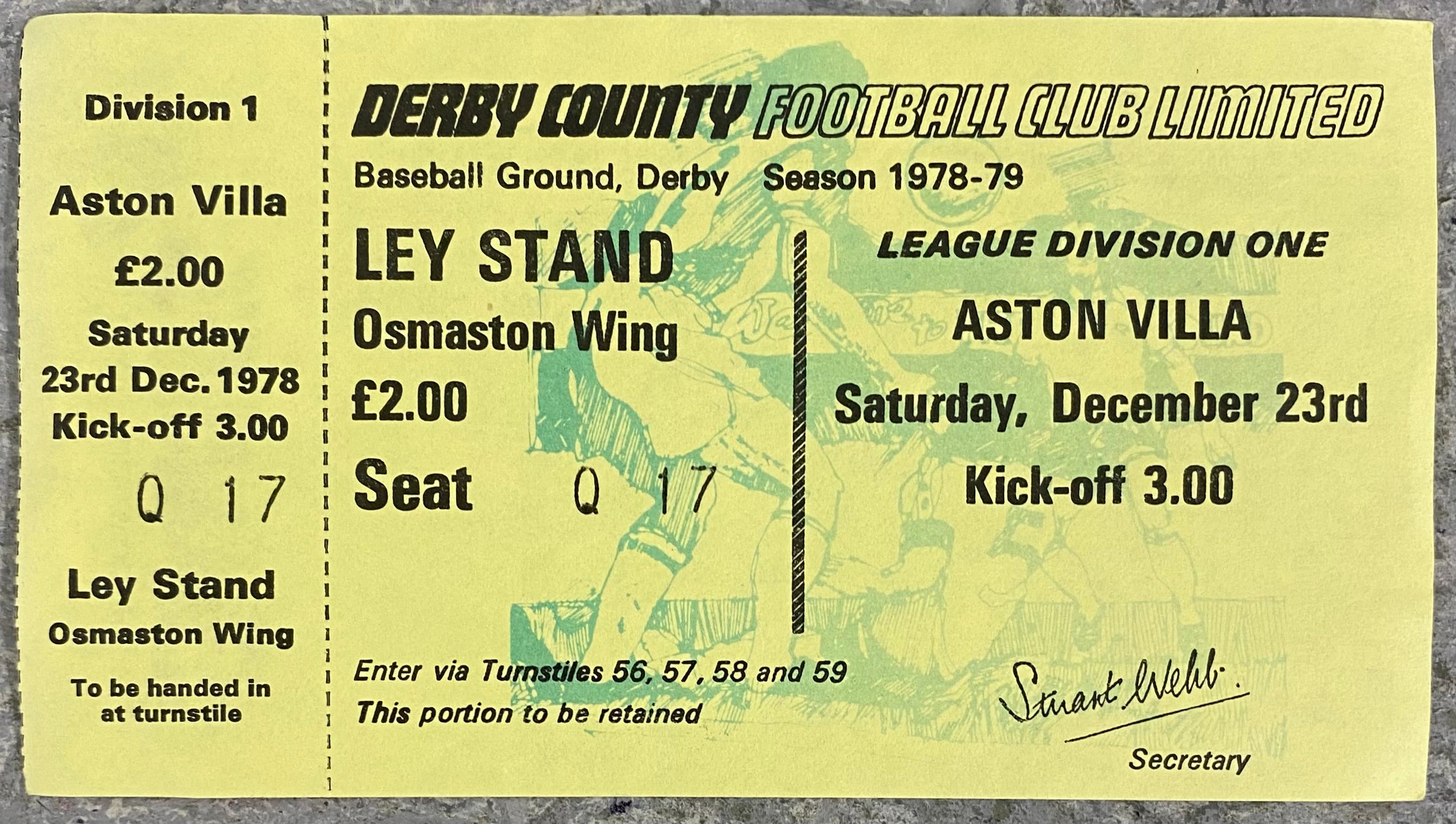 1978/79 ORIGINAL DIVISION 1 UNUSED TICKET DERBY COUNTY V ASTON VILLA + TRAVEL TICKET