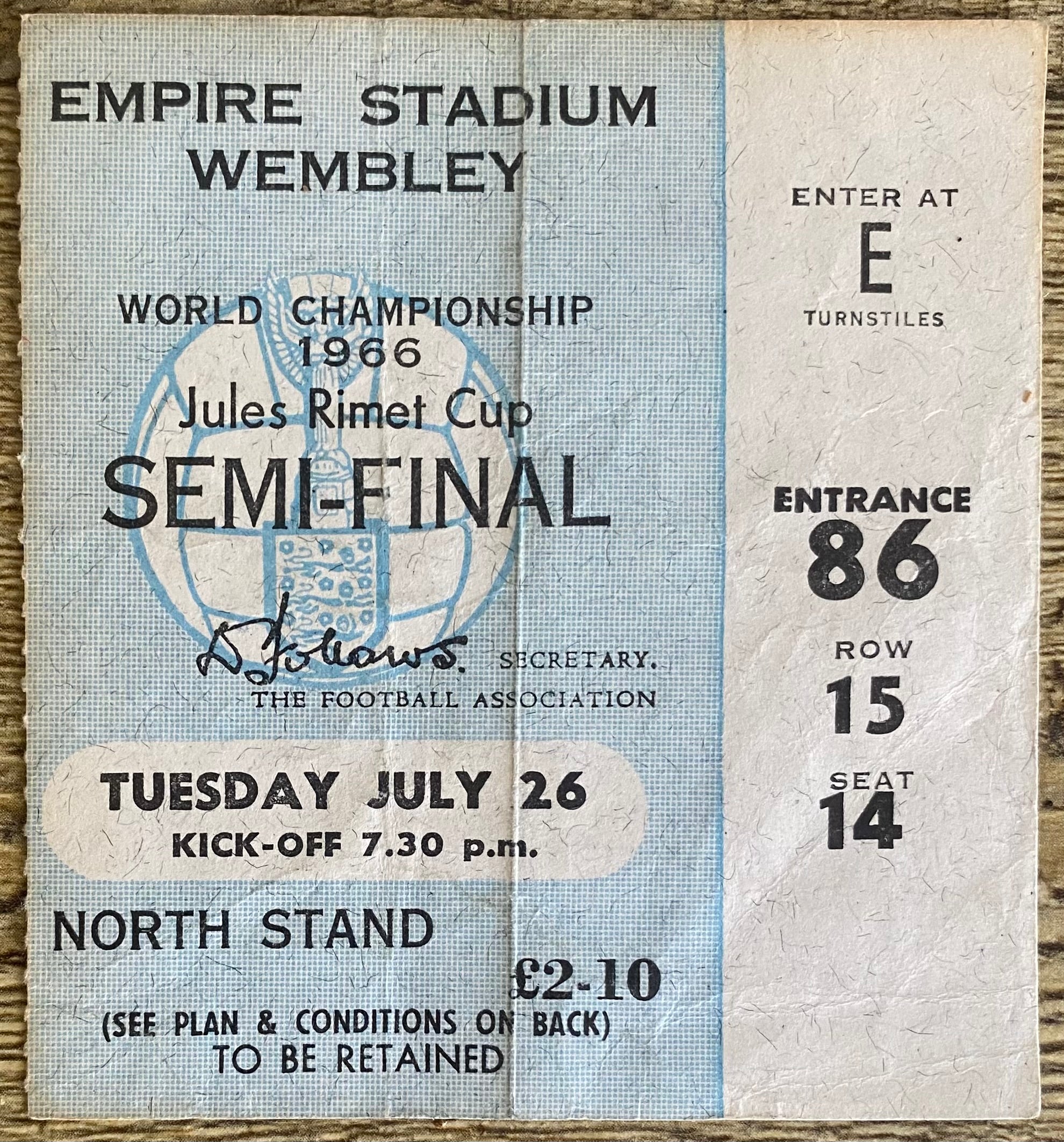 1966 ORIGINAL WORLD CUP SEMI  FINAL TICKET ENGLAND V PORTUGAL @ WEMBLEY