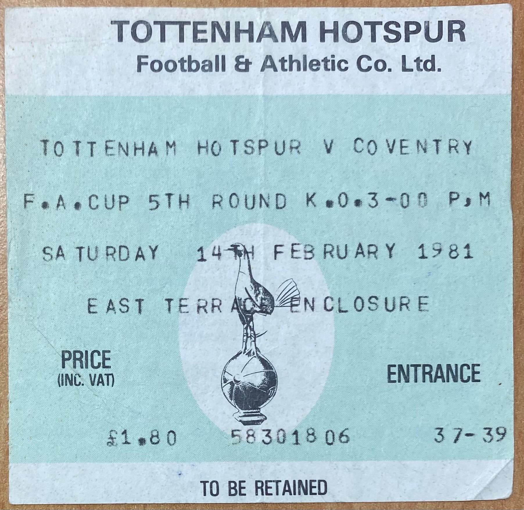 1980/81 ORIGINAL FA CUP 5TH ROUND TICKET TOTTENHAM HOTSPUR V COVENTRY CITY